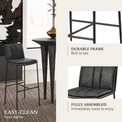Gerard Bar Stool in Black Finish with Dark Grey Faux Leather in Stools by Maven Lane