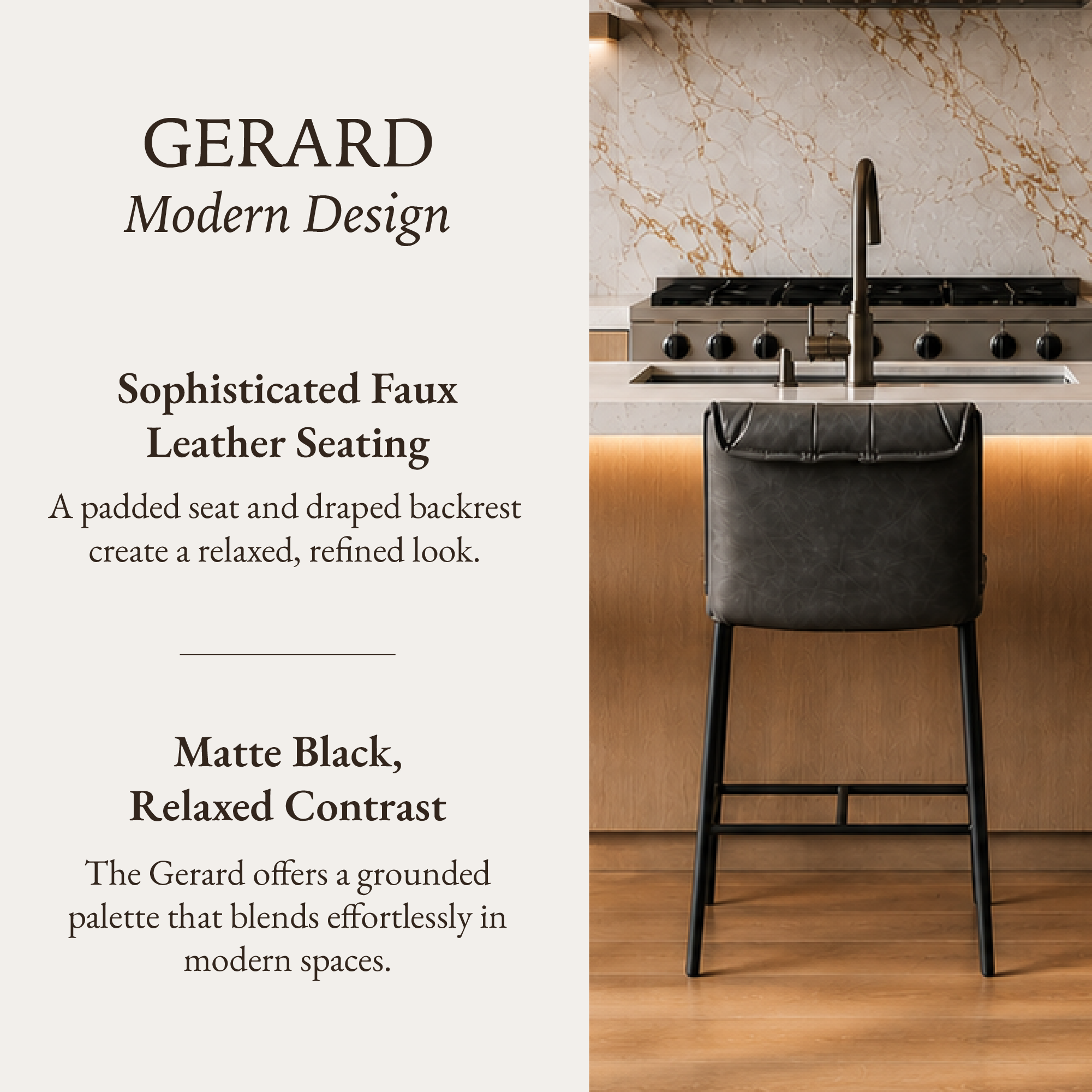 Gerard Counter Stool in Black Finish with Dark Grey Faux Leather in Stools by Maven Lane