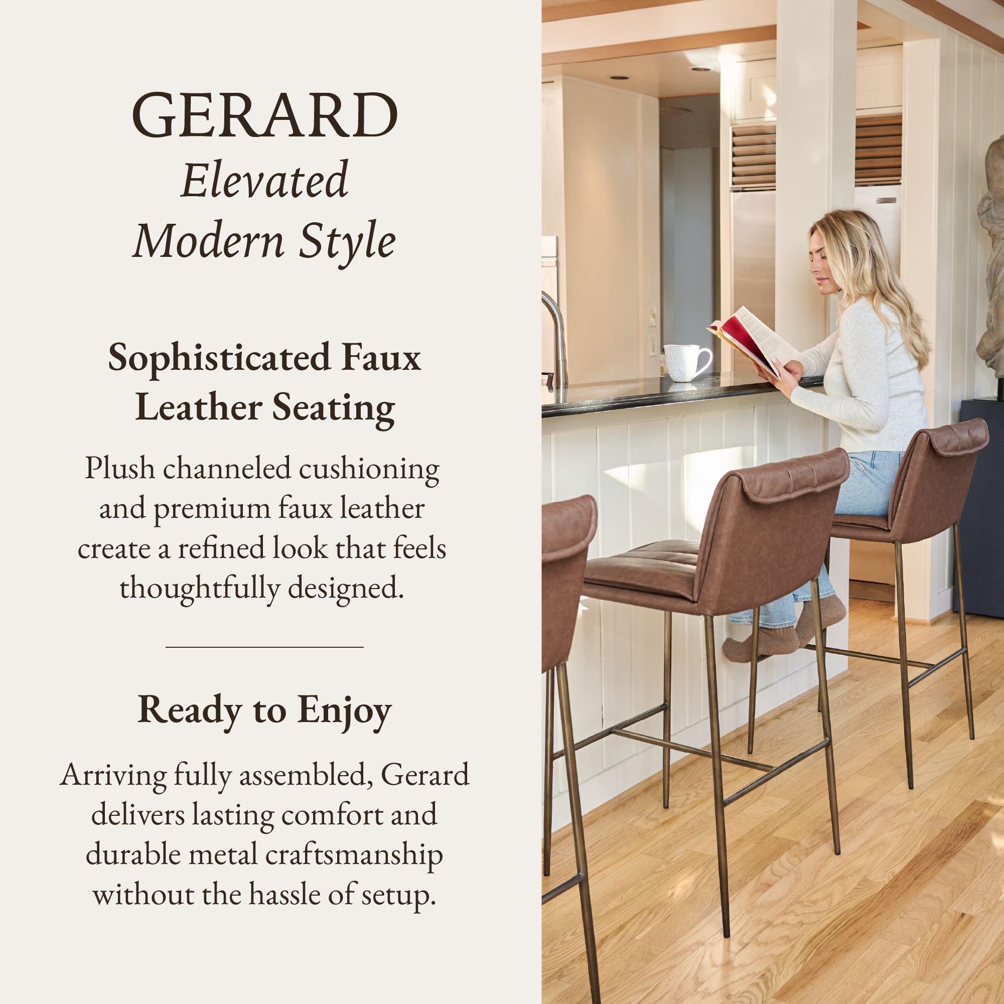 Gerard Bar Stool in Aged Gold Finish with Brown Faux Leather in Stools by Maven Lane