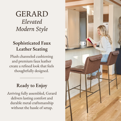 Gerard Bar Stool in Aged Gold Finish with Brown Faux Leather in Stools by Maven Lane