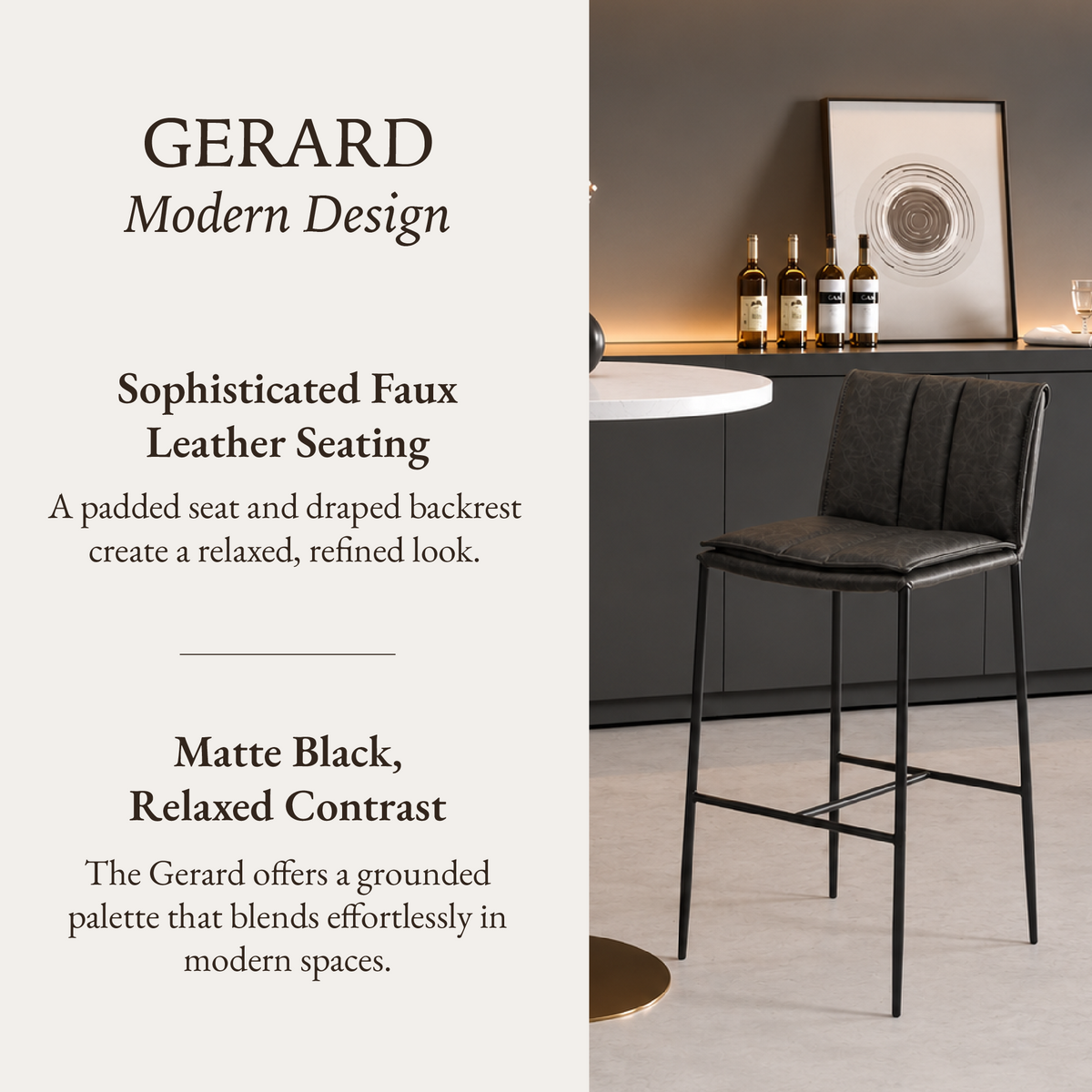 Gerard Bar Stool in Black Finish with Dark Grey Faux Leather in Stools by Maven Lane