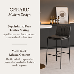 Gerard Bar Stool in Black Finish with Dark Grey Faux Leather in Stools by Maven Lane