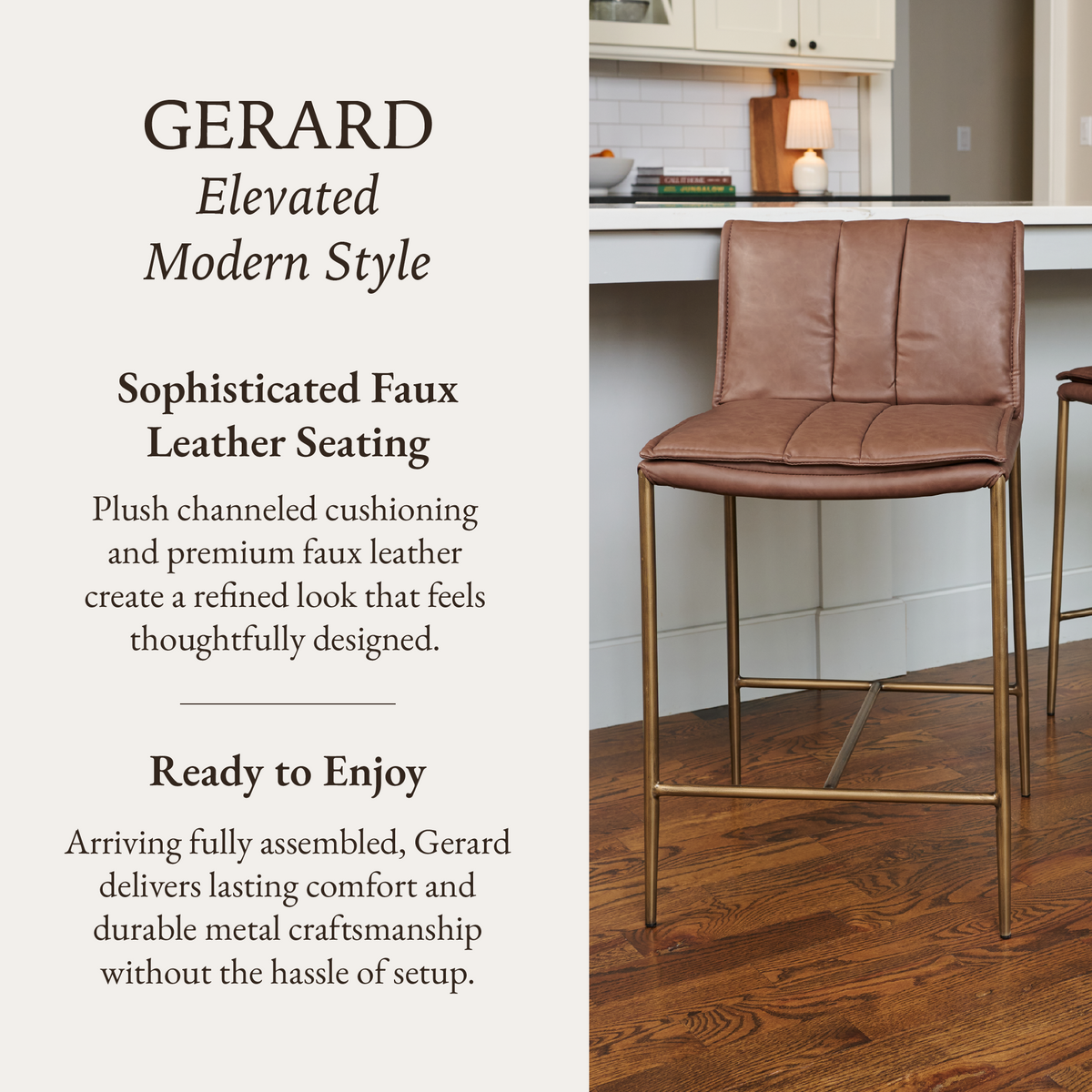 Gerard Counter Stool in Aged Gold Finish with Brown Faux Leather in Stools by Maven Lane