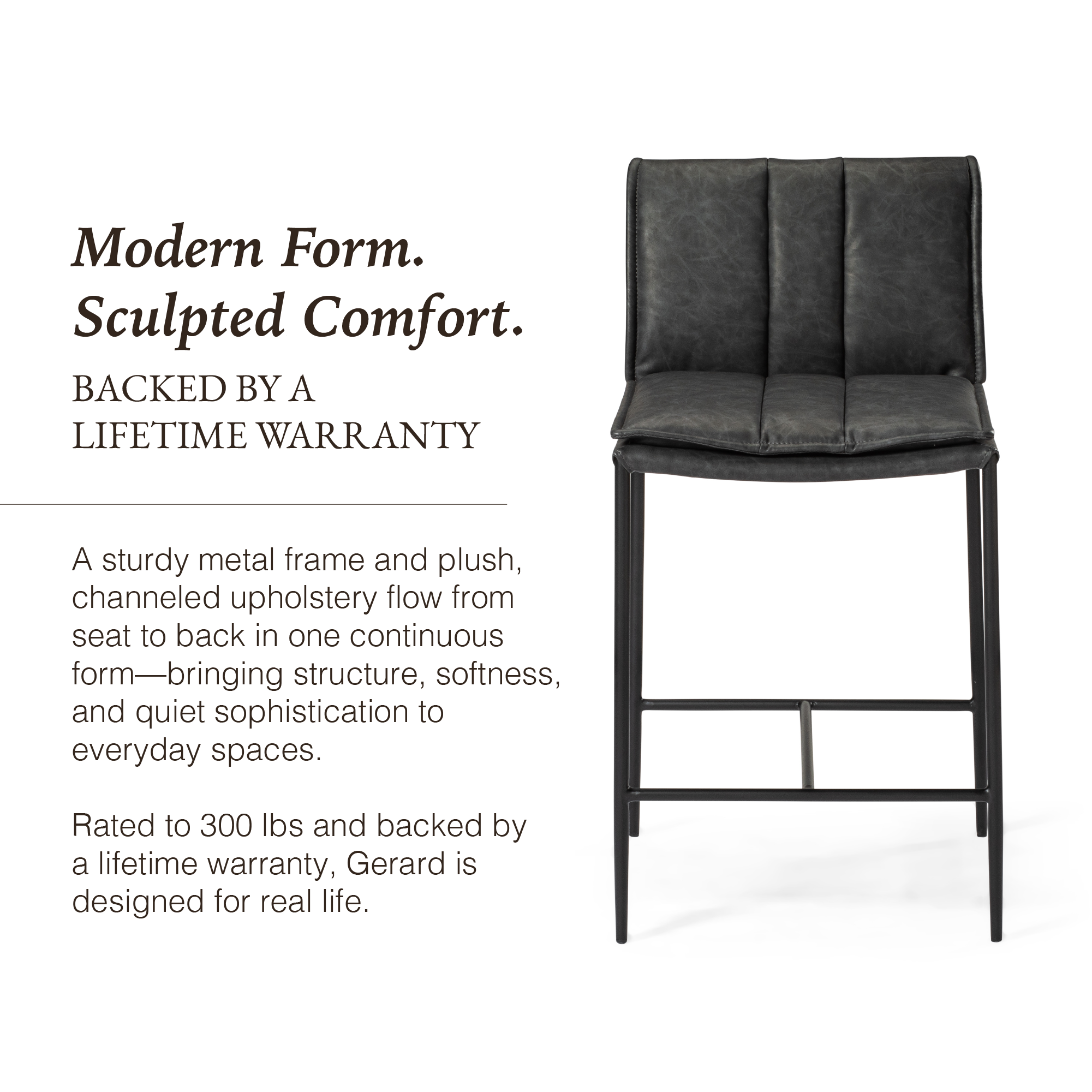 Gerard Counter Stool in Black Finish with Dark Grey Faux Leather in Stools by Maven Lane