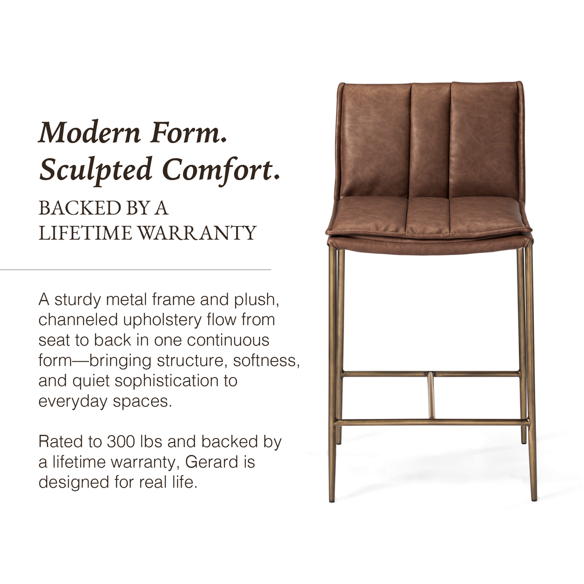 Gerard Counter Stool in Aged Gold Finish with Brown Faux Leather in Stools by Maven Lane