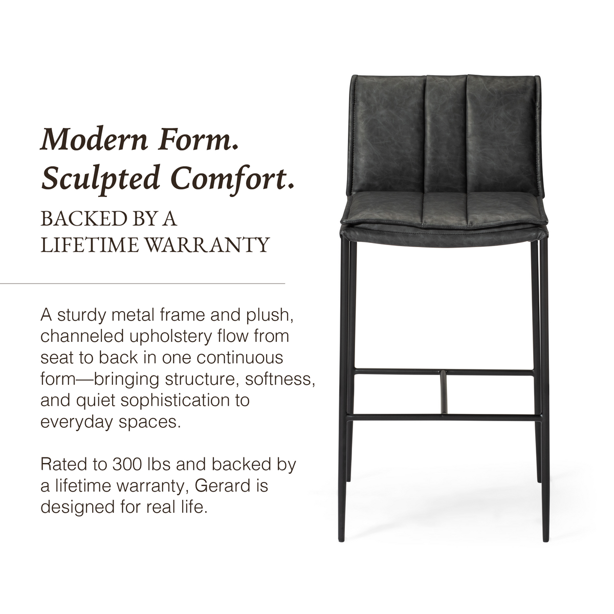 Gerard Bar Stool in Black Finish with Dark Grey Faux Leather in Stools by Maven Lane