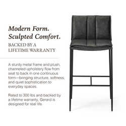 Gerard Bar Stool in Black Finish with Dark Grey Faux Leather in Stools by Maven Lane
