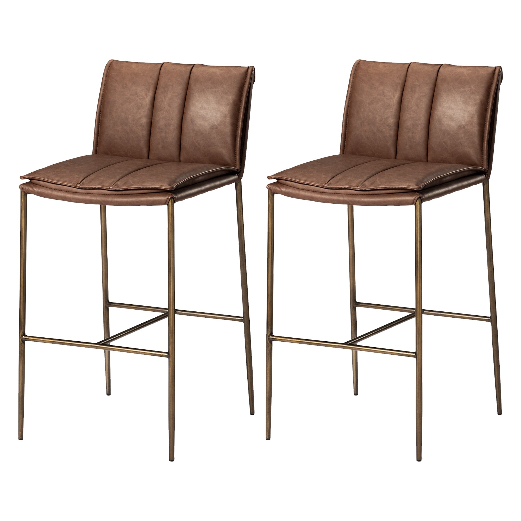 29" Gerard Bar Stool in Aged Gold Finish with Brown Faux Leather (Set of 2) in Stools by Maven Lane