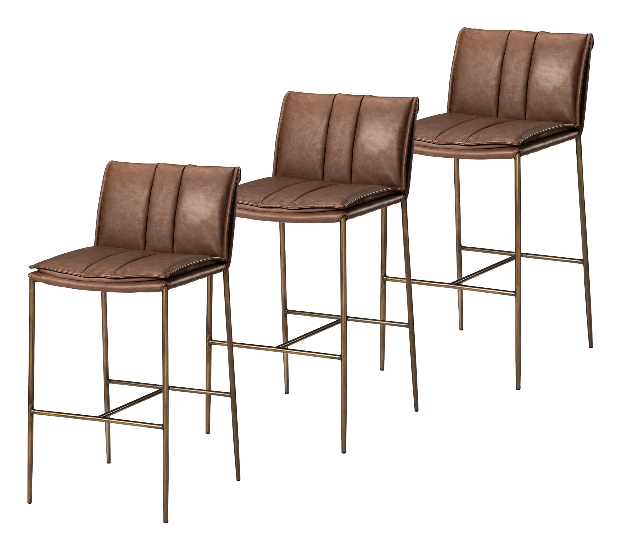 29" Gerard Bar Stool in Aged Gold Finish with Brown Faux Leather (Set of 3) in Stools by Maven Lane