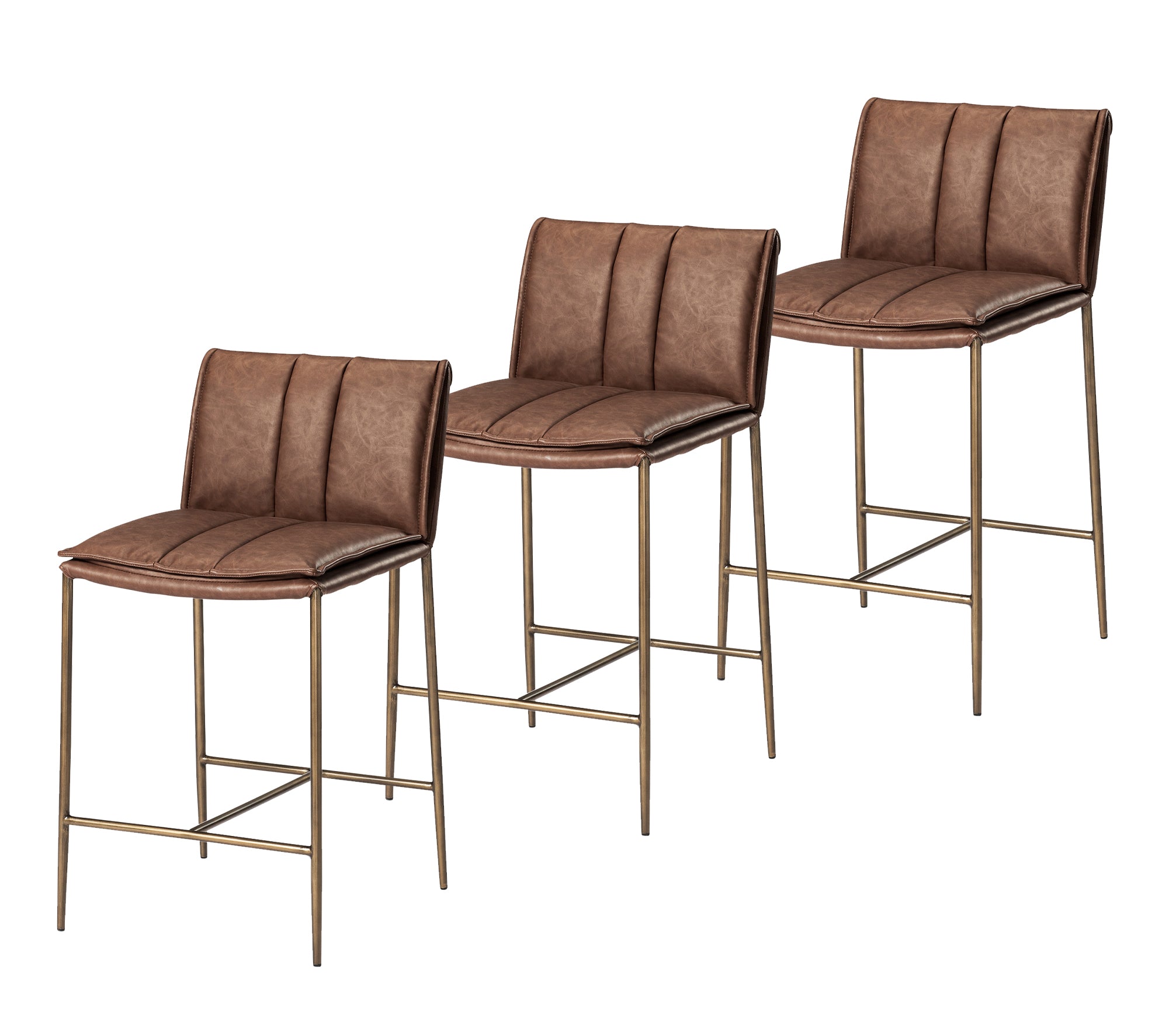 25" Gerard Counter Stool in Aged Gold Finish with Brown Faux Leather (Set of 3) in Stools by Maven Lane