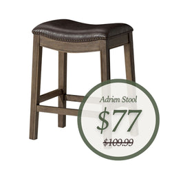 Adrien Saddle Counter Stool in Brown Finish with Dark Brown Faux Leather in Stools by Maven Lane