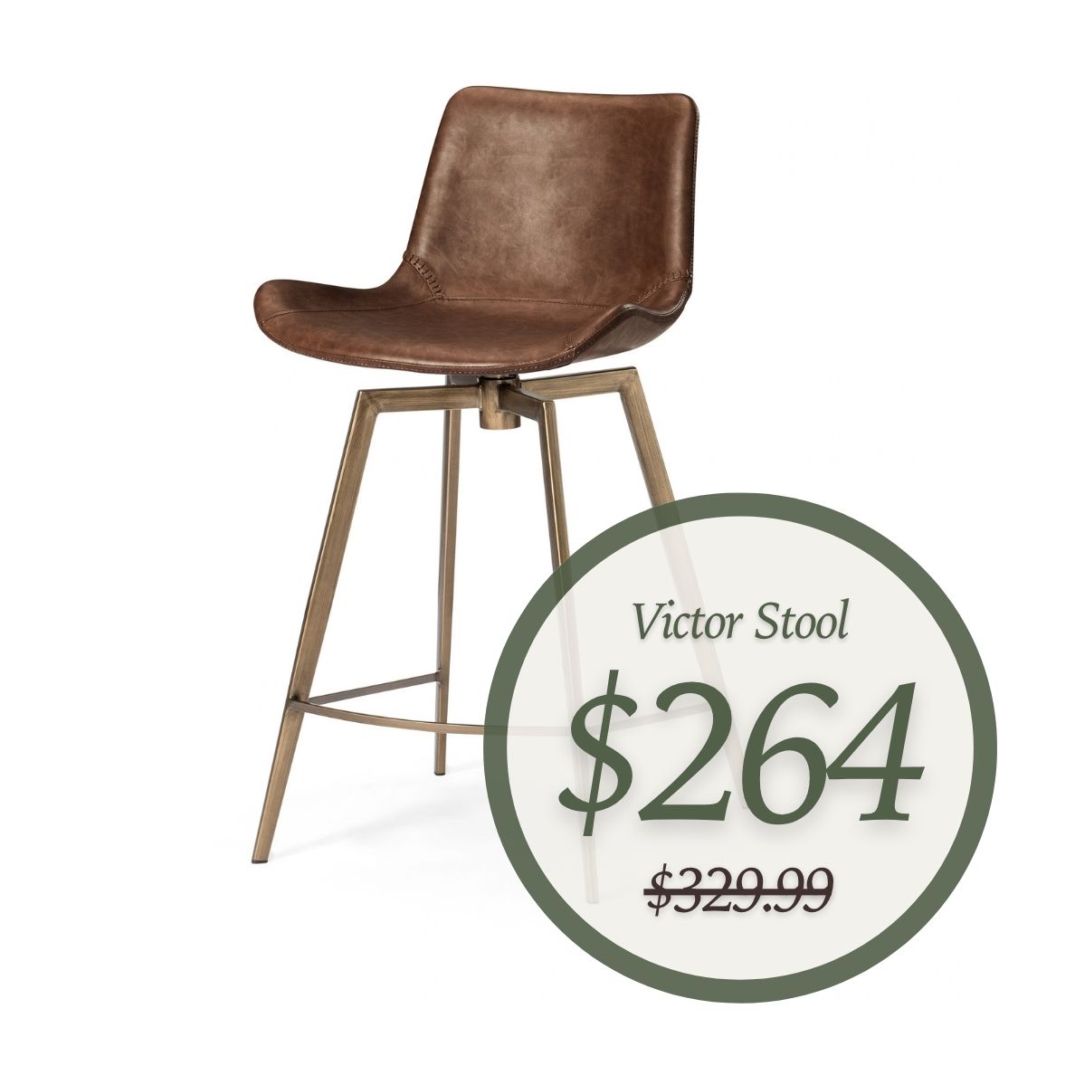 Victor Counter Stool in Aged Gold Finish with Brown Faux Leather in Stools by Maven Lane
