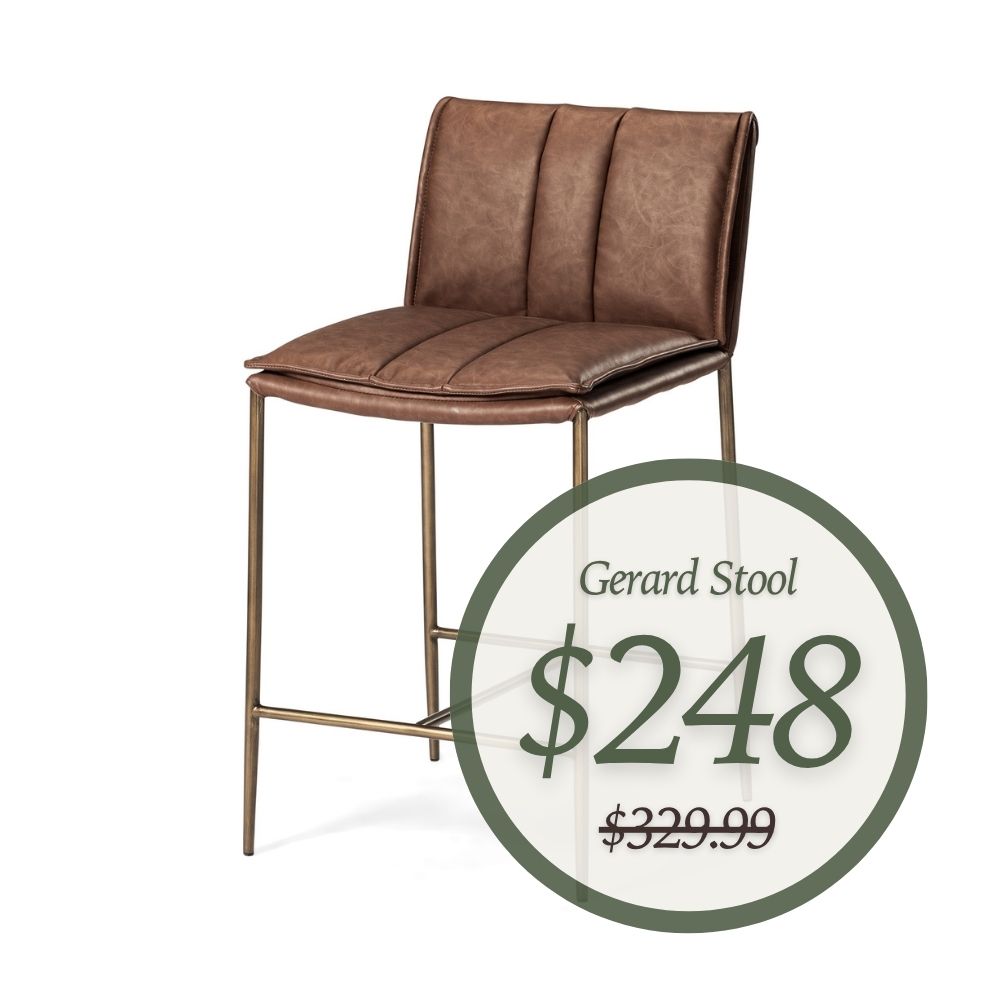 Gerard Counter Stool in Aged Gold Finish with Brown Faux Leather in Stools by Maven Lane