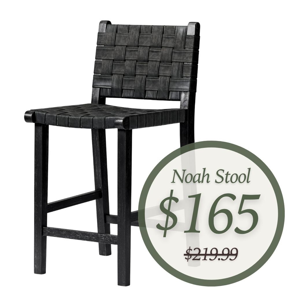 Noah Counter Stool In Black Finish & Dark Grey Woven Faux Leather Seat in Stools by Maven Lane
