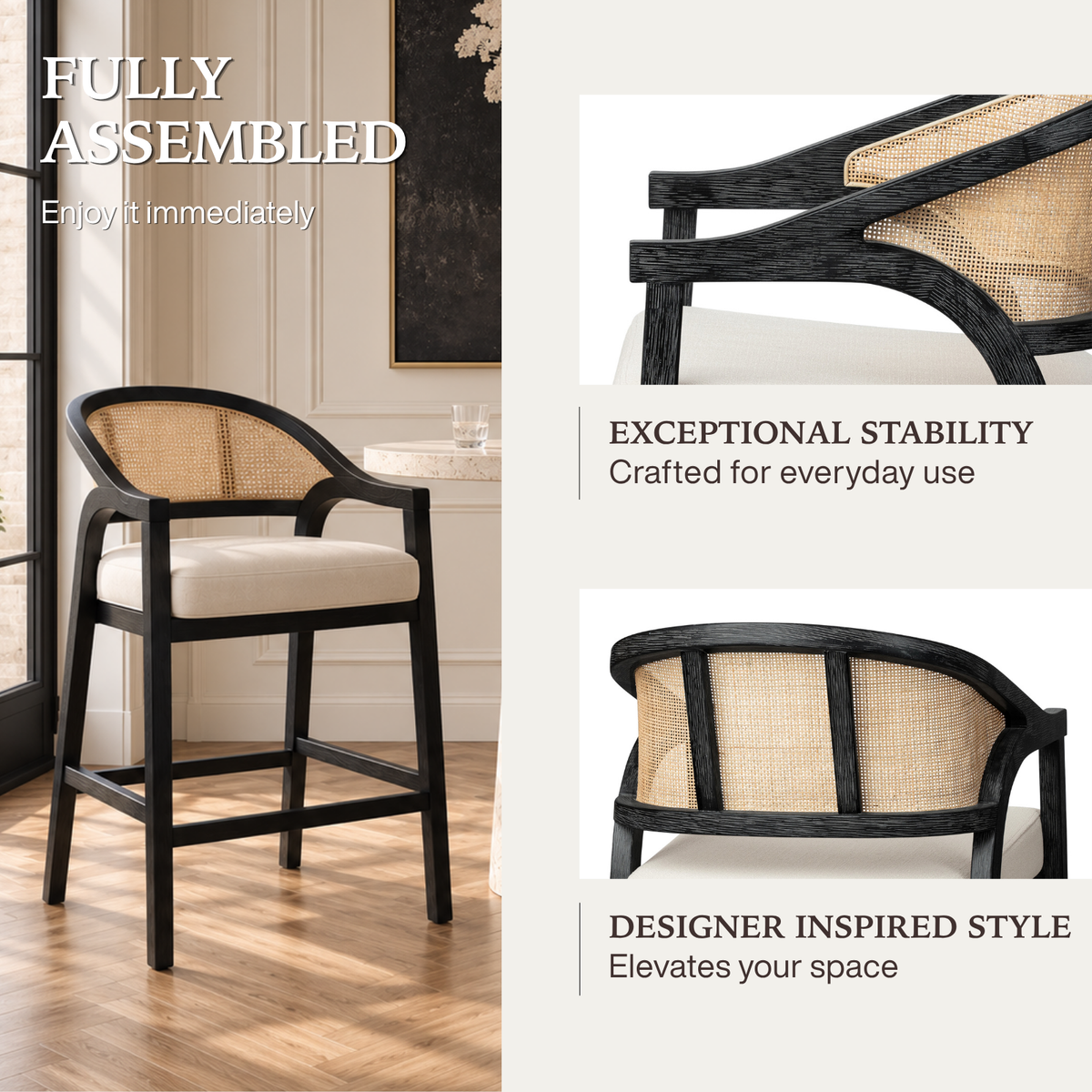 Chloe Bar Stool in Black Finish with Beige Fabric Upholstery and Natural Rattan Back in Stools by Maven Lane