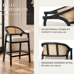 Chloe Bar Stool in Black Finish with Beige Fabric Upholstery and Natural Rattan Back in Stools by Maven Lane
