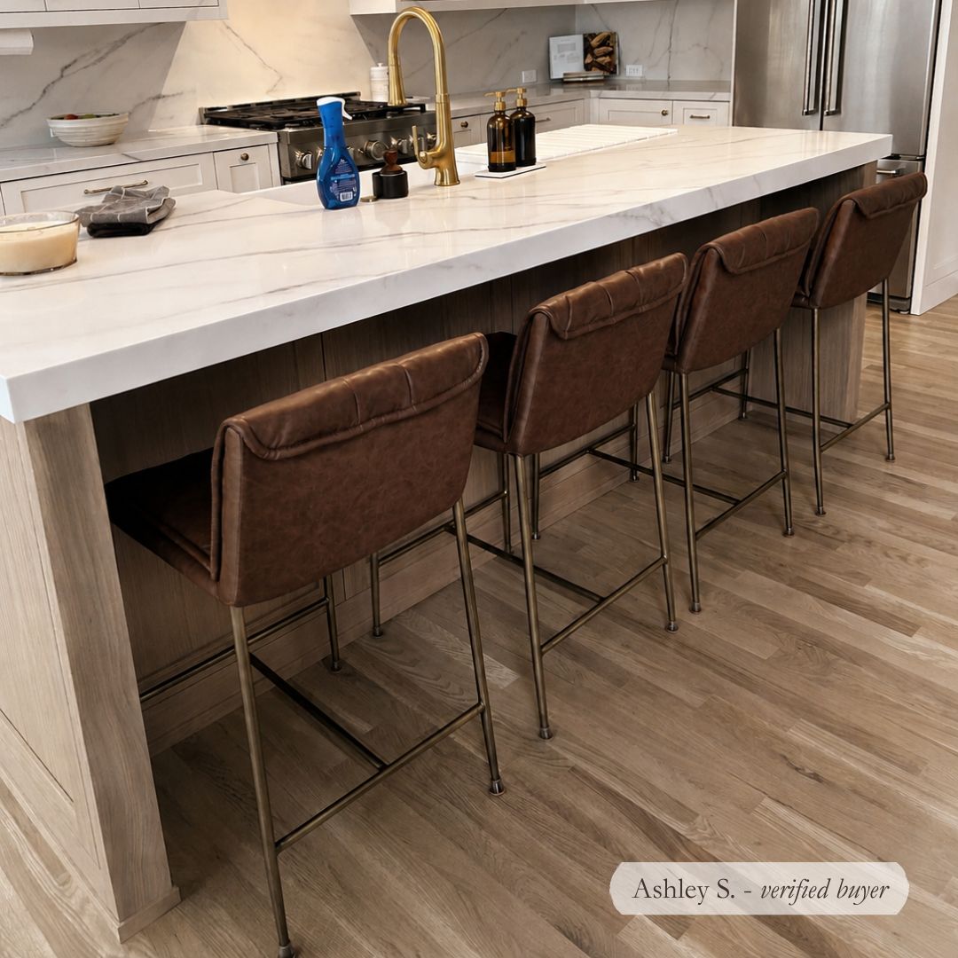 Gerard Counter Stool in Aged Gold Finish with Brown Faux Leather in Stools by Maven Lane