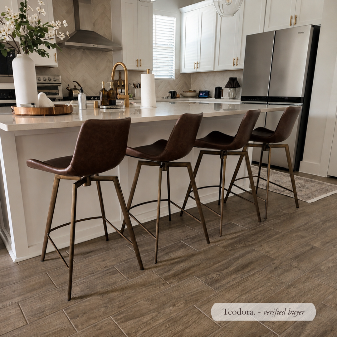 Victor Counter Stool in Aged Gold Finish with Brown Faux Leather in Stools by Maven Lane