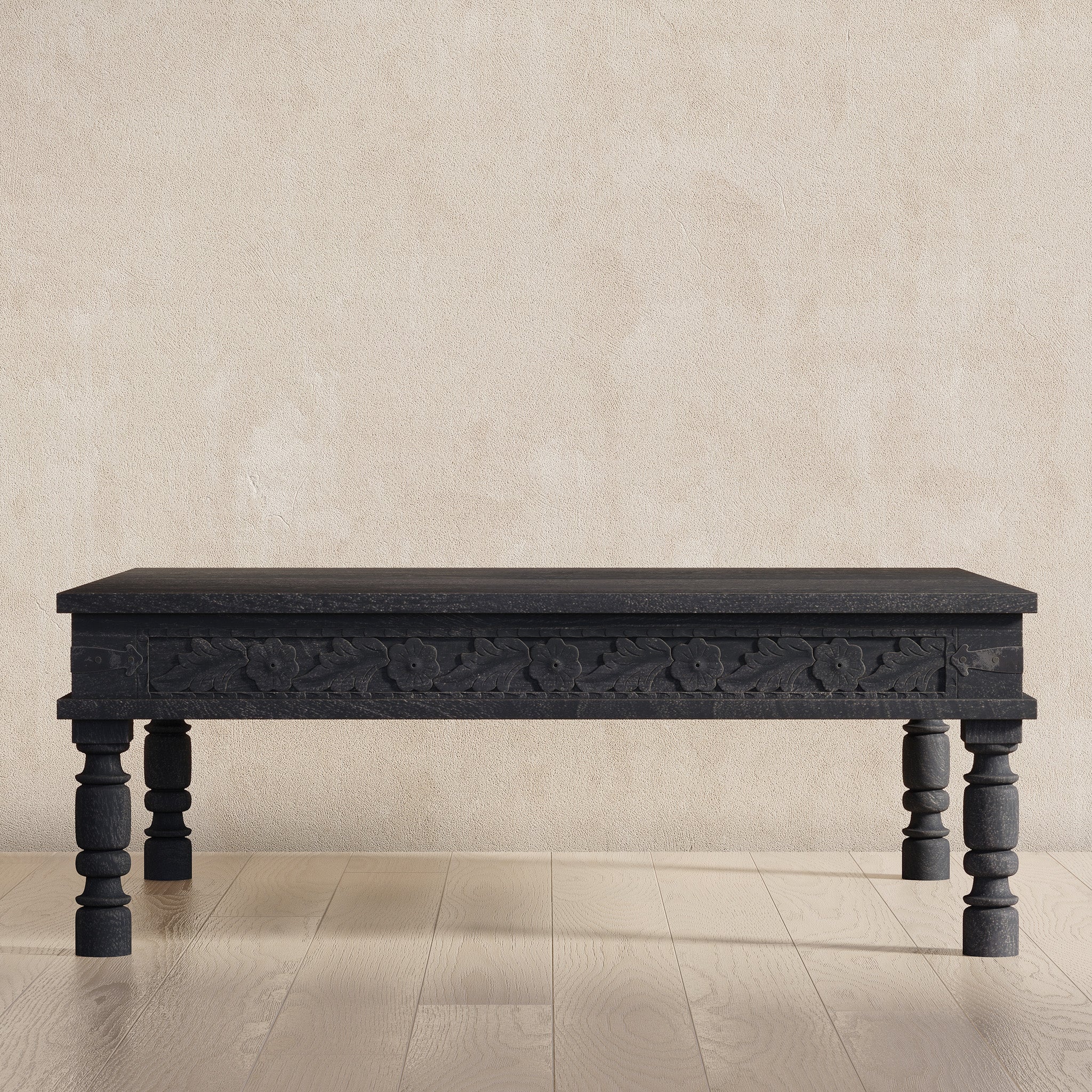 Emin Nomad Wooden Rectangular Coffee Table in Distressed Black Finish in Accent Tables by VMInnovations