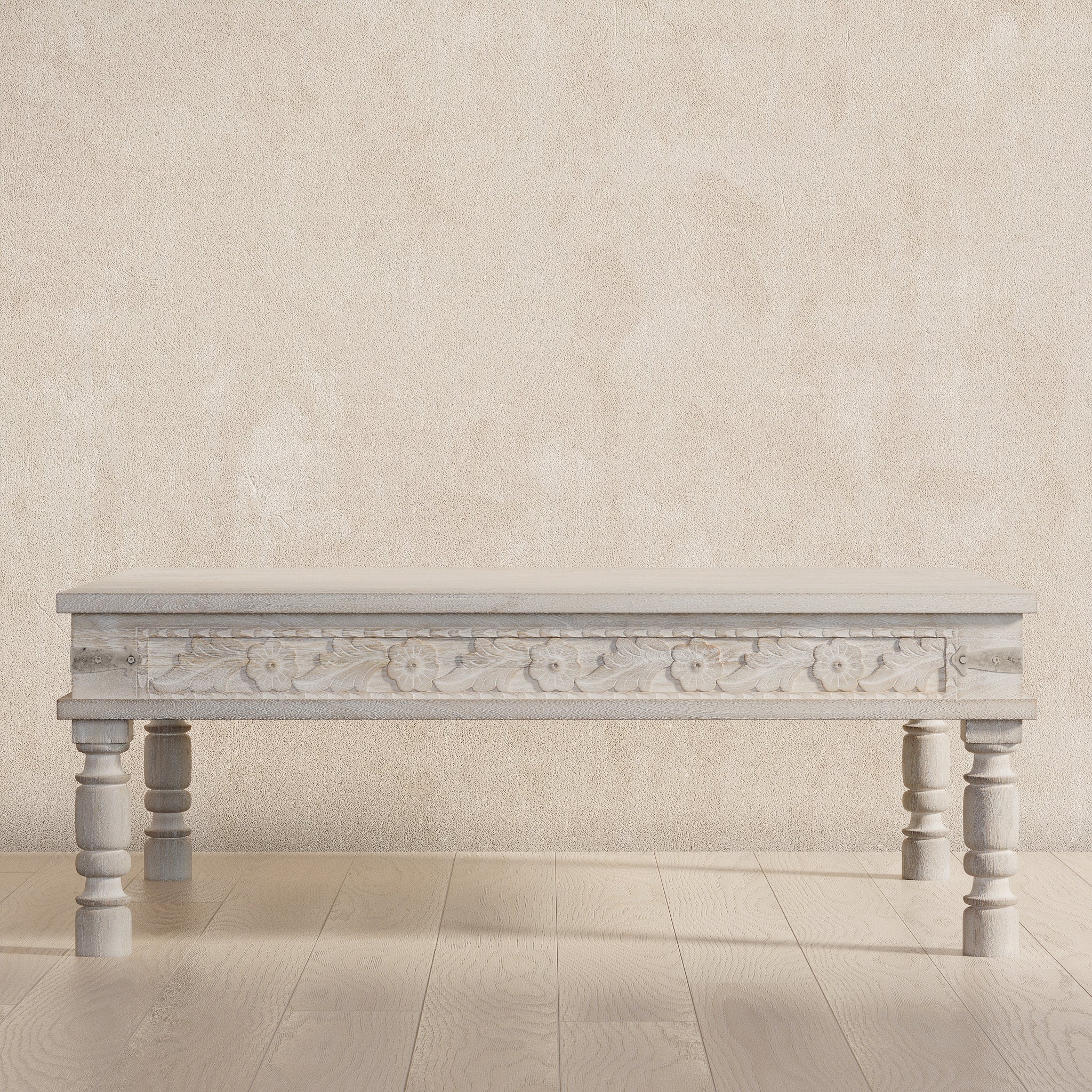 Emin Nomad Wooden Rectangular Coffee Table in White Distressed Finish in Accent Tables by VMInnovations