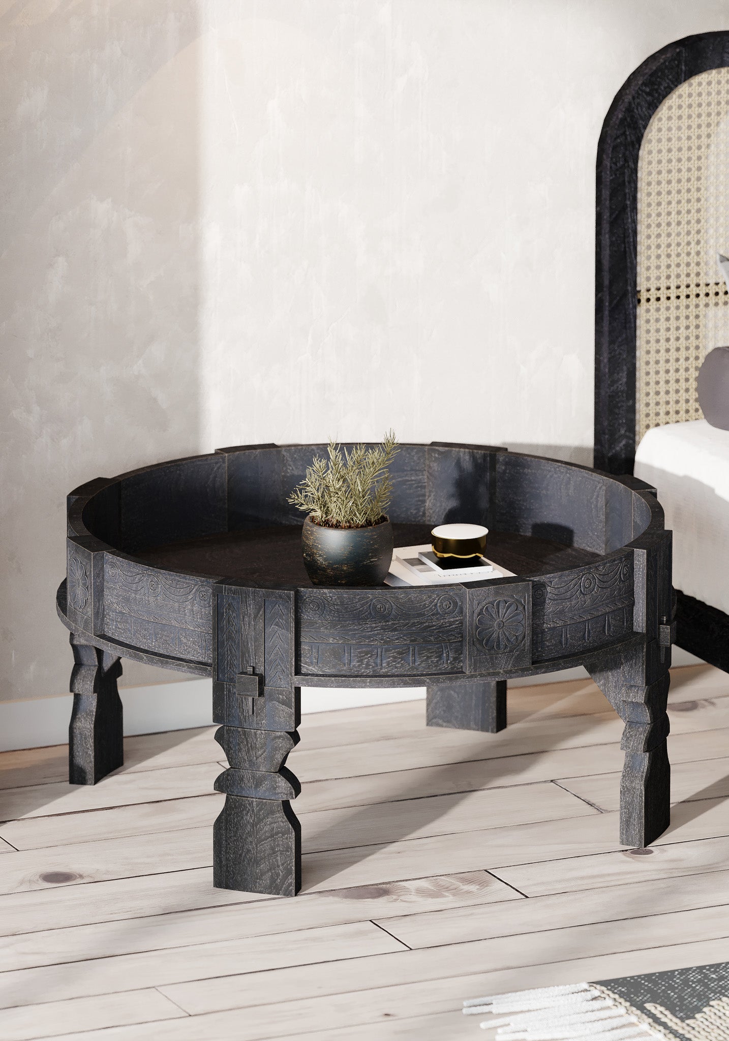 Jaya Nomad Wooden Round Coffee Table in Black Distressed Finish in Accent Tables by Maven Lane