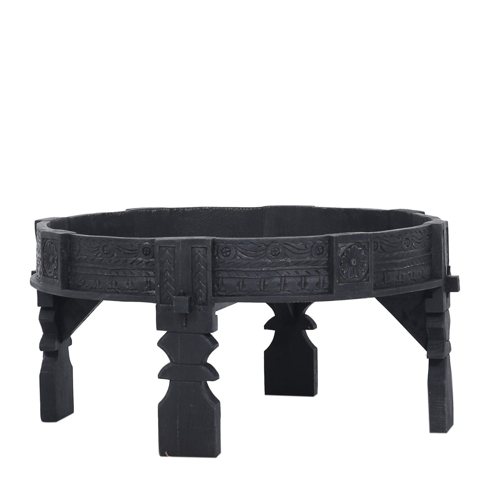 Jaya Nomad Wooden Round Coffee Table in Black Distressed Finish in Accent Tables by Maven Lane