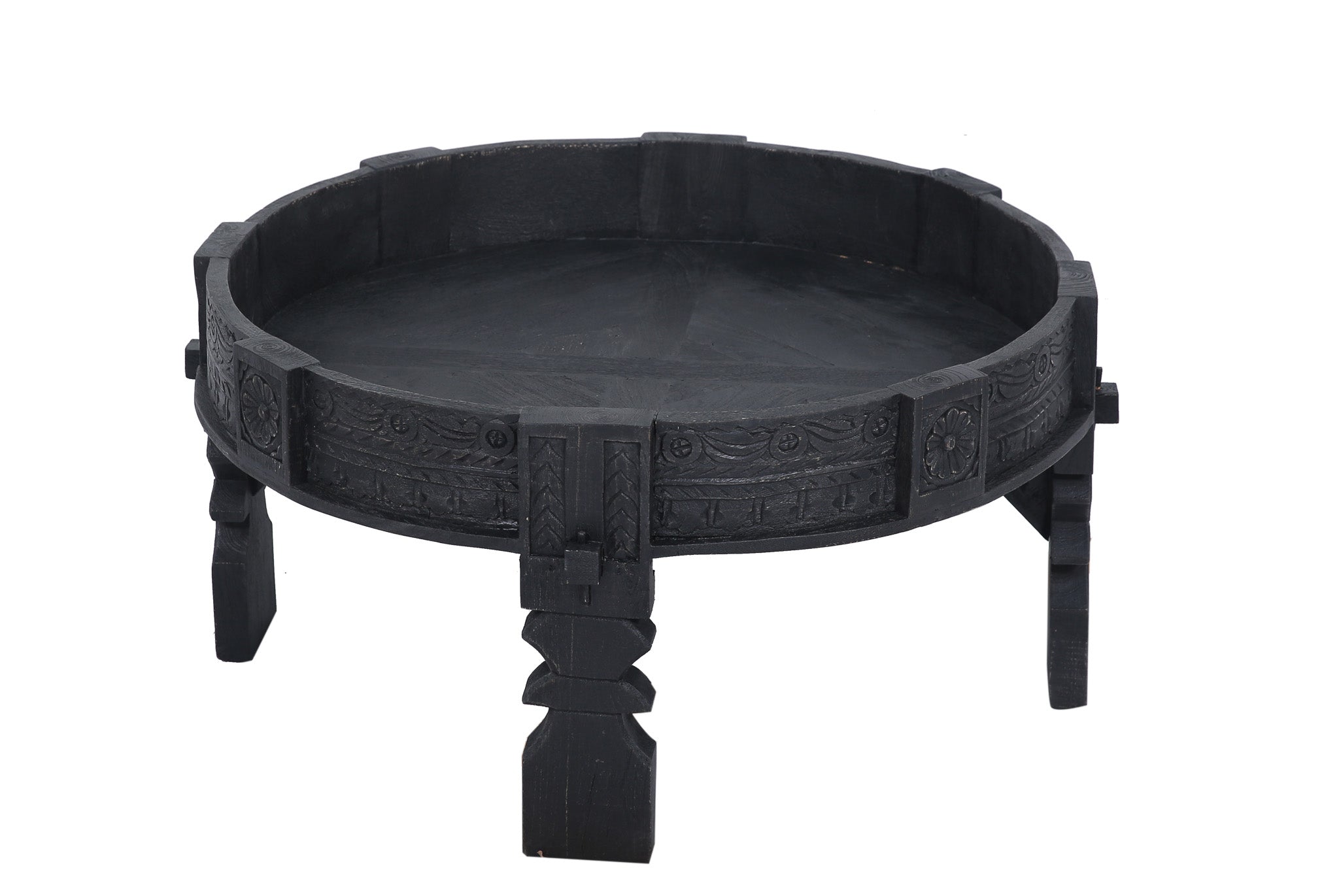 Jaya Nomad Wooden Round Coffee Table in Black Distressed Finish in Accent Tables by Maven Lane