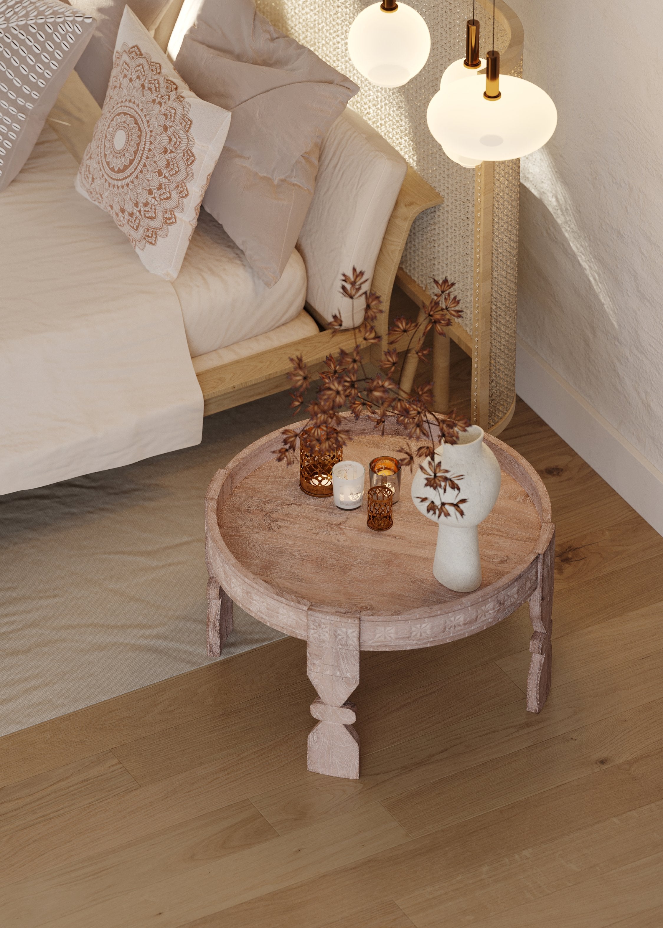 Jaya Nomad Wooden Round Coffee Table in Distressed Natural Finish in Accent Tables by Maven Lane