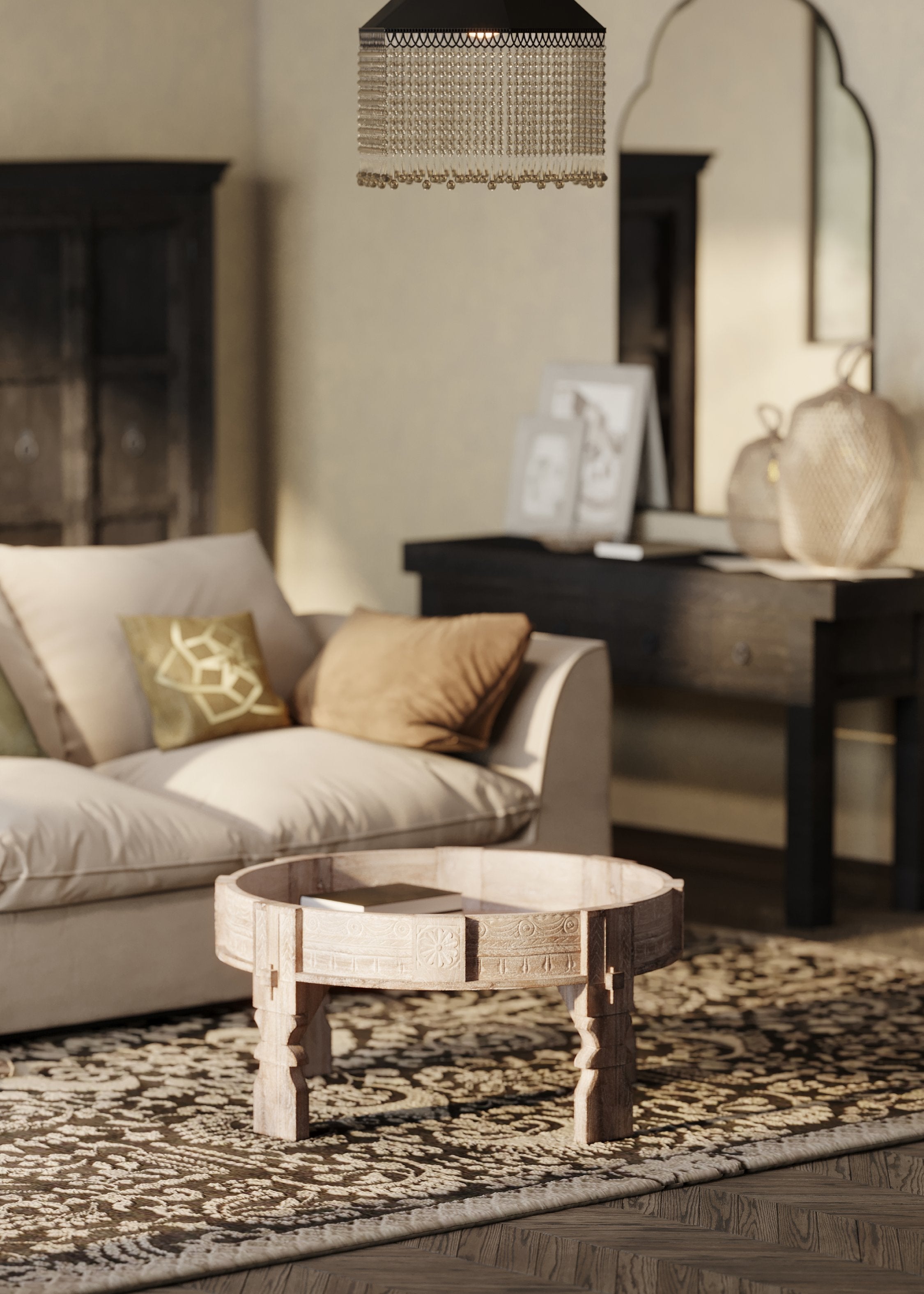 Jaya Nomad Wooden Round Coffee Table in Distressed Natural Finish in Accent Tables by Maven Lane