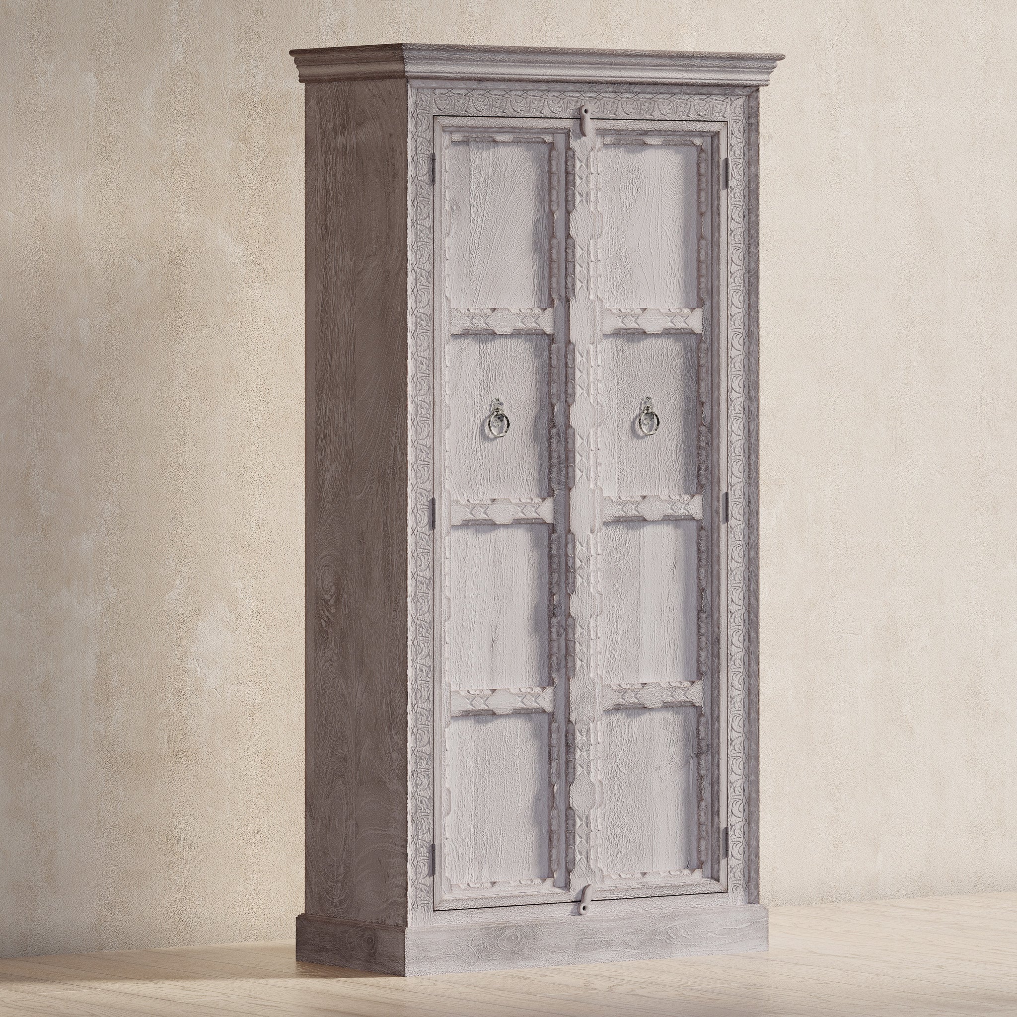 Mahala Nomad Wooden Cabinet in Distressed White Finish in Cabinets by Maven Lane