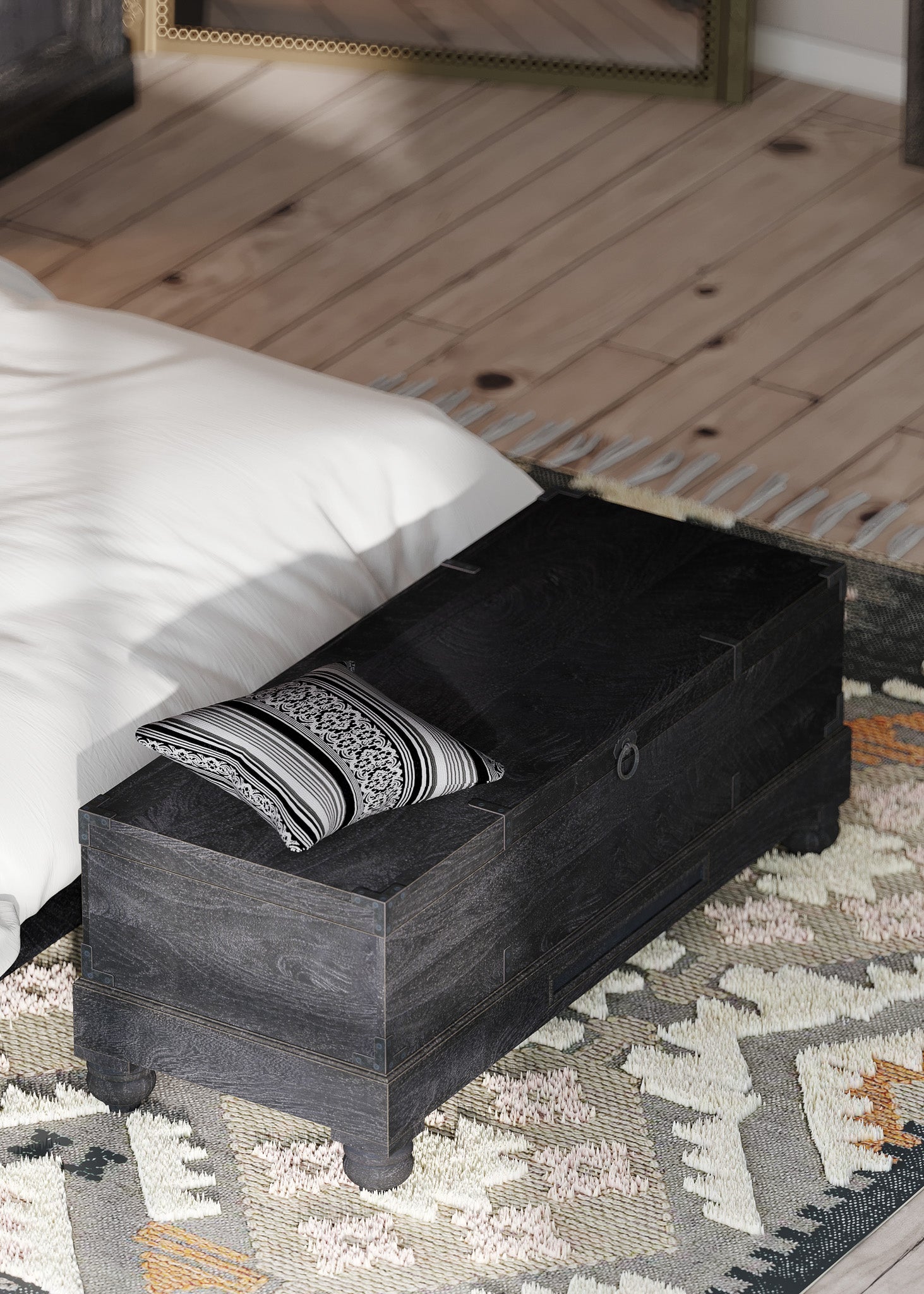 Nerio Nomad Wooden Storage Bench in Black Distressed Finish in Ottomans & Benches by Maven Lane