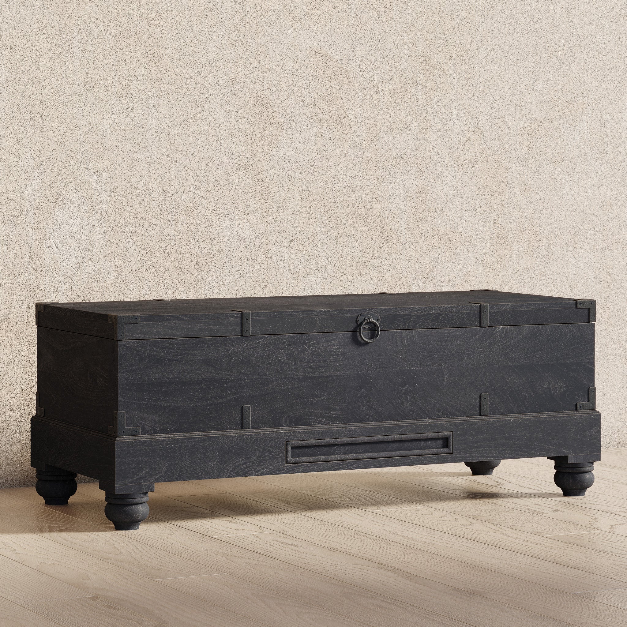 Nerio Nomad Wooden Storage Bench in Black Distressed Finish in Ottomans & Benches by Maven Lane