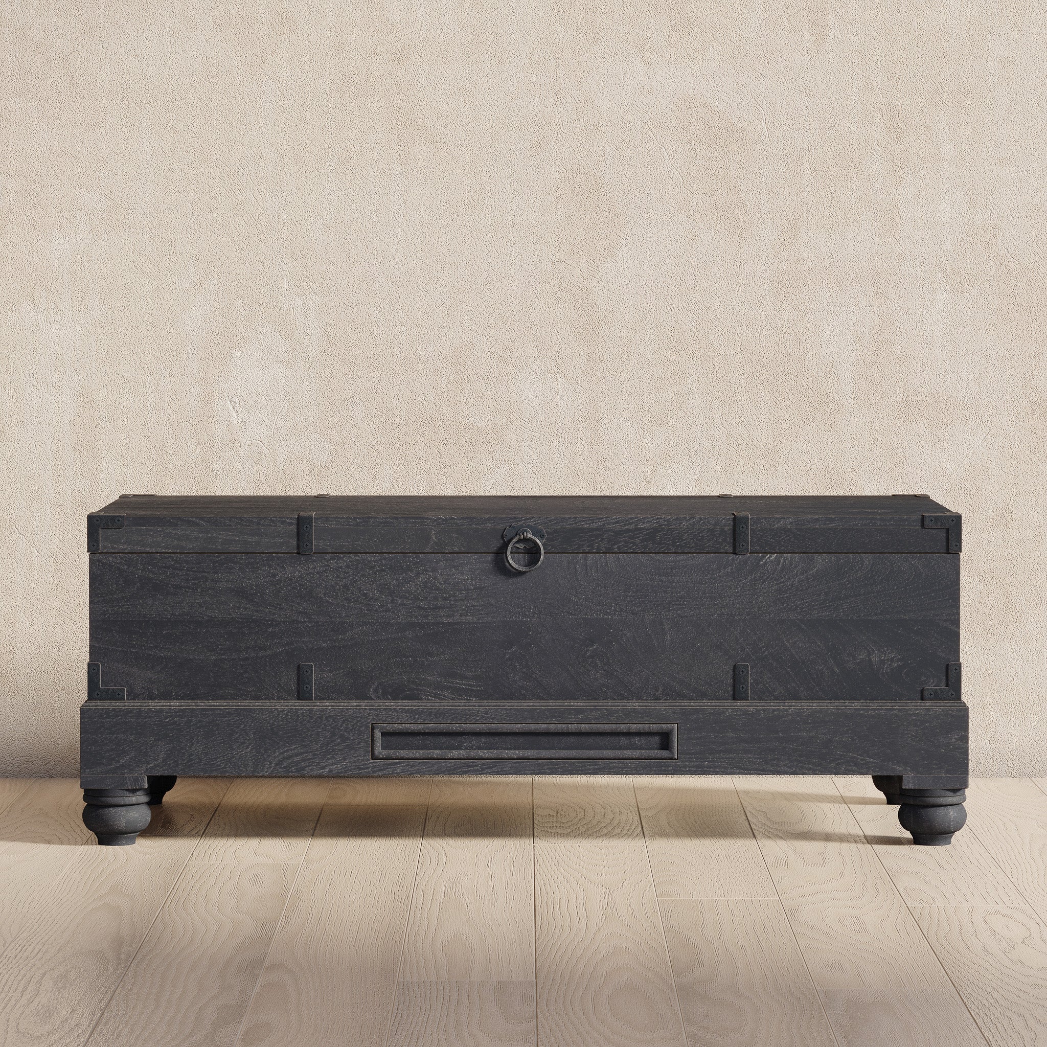 Nerio Nomad Wooden Storage Bench in Black Distressed Finish in Ottomans & Benches by Maven Lane