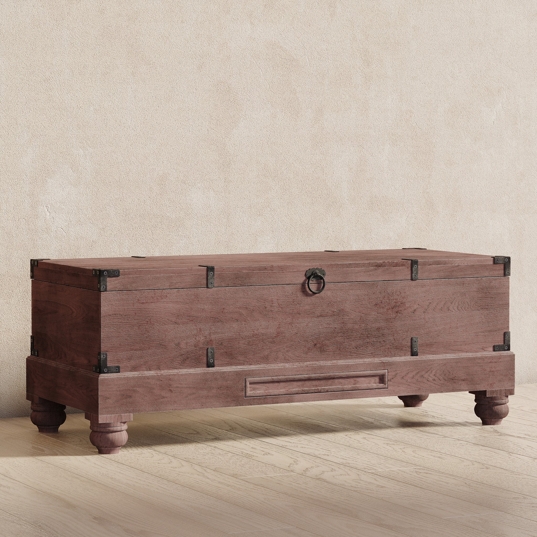 Nerio Nomad Wooden Storage Bench in Brown Distressed Finish in Ottomans & Benches by Maven Lane