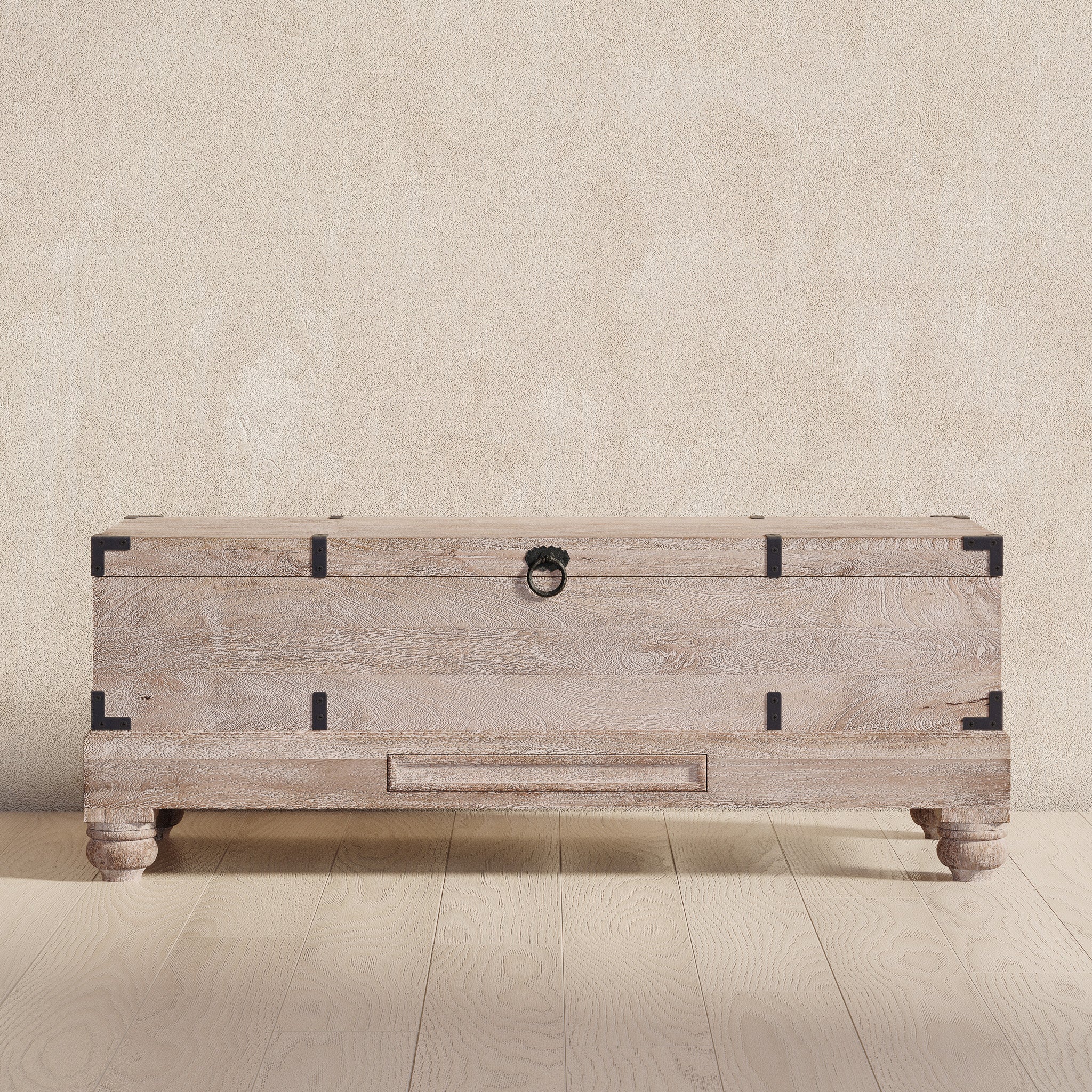 Nerio Nomad Wooden Storage Bench in Distressed Natural Finish in Ottomans & Benches by Maven Lane