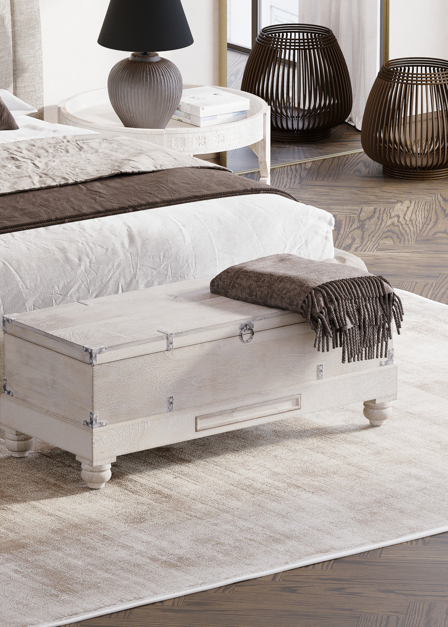 Nerio Nomad Wooden Storage Bench in White Distressed Finish in Ottomans & Benches by Maven Lane