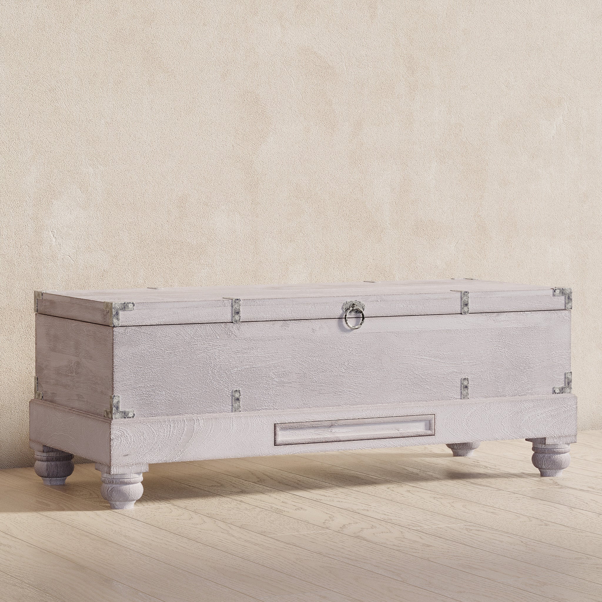 Nerio Nomad Wooden Storage Bench in White Distressed Finish in Ottomans & Benches by Maven Lane