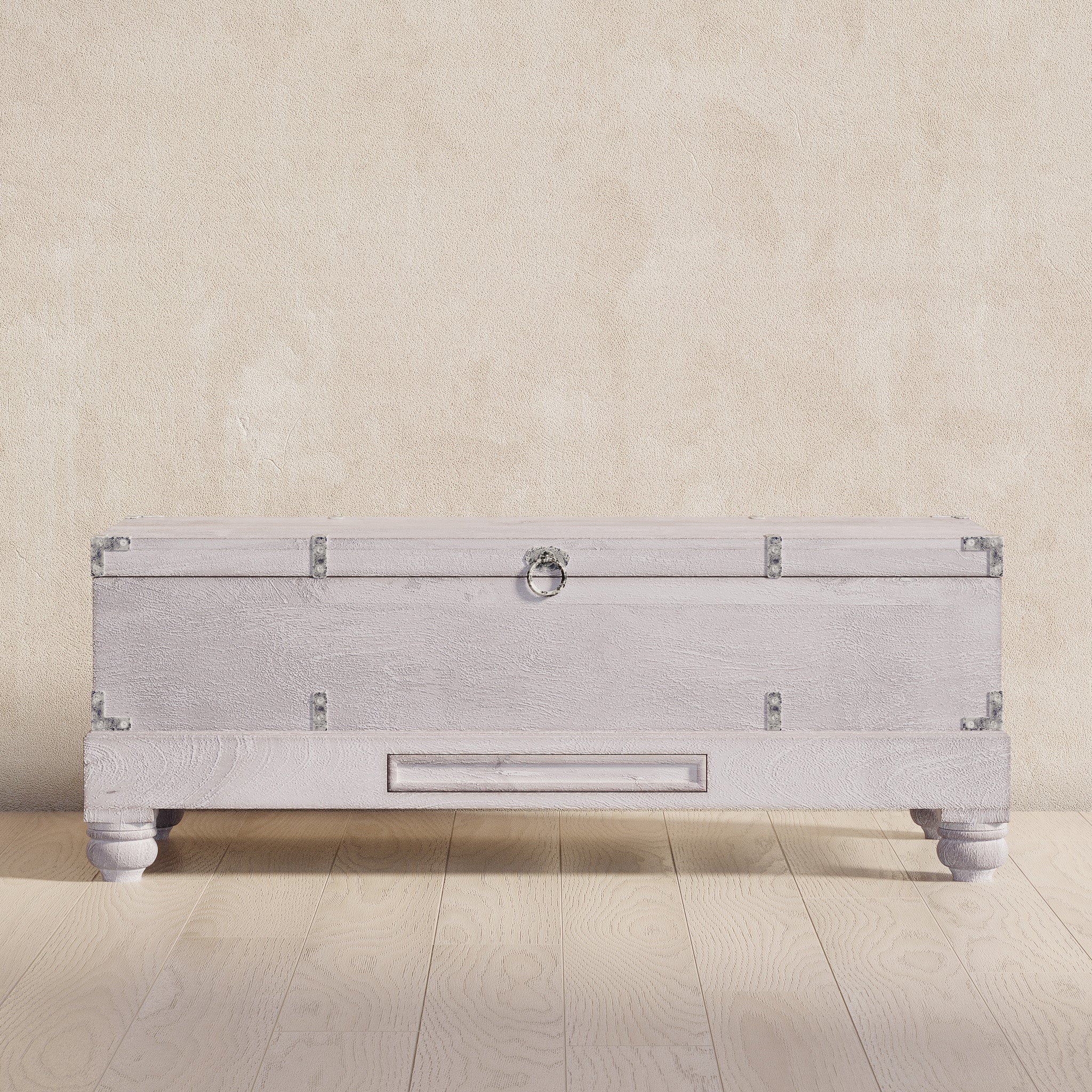 Nerio Nomad Wooden Storage Bench in White Distressed Finish in Ottomans & Benches by Maven Lane