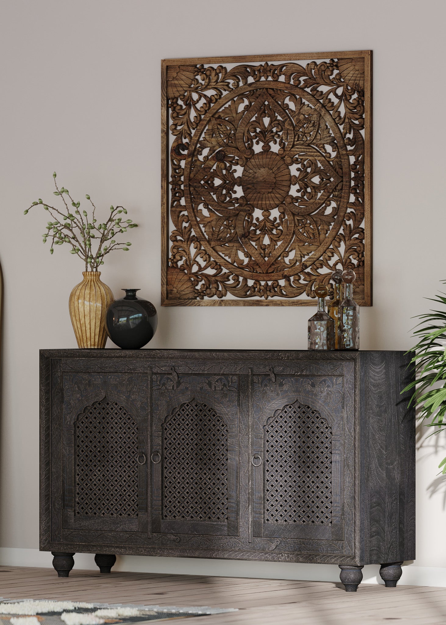 Patrin Nomad Wooden Sideboard in Distressed Black Finish in Cabinets by Maven Lane