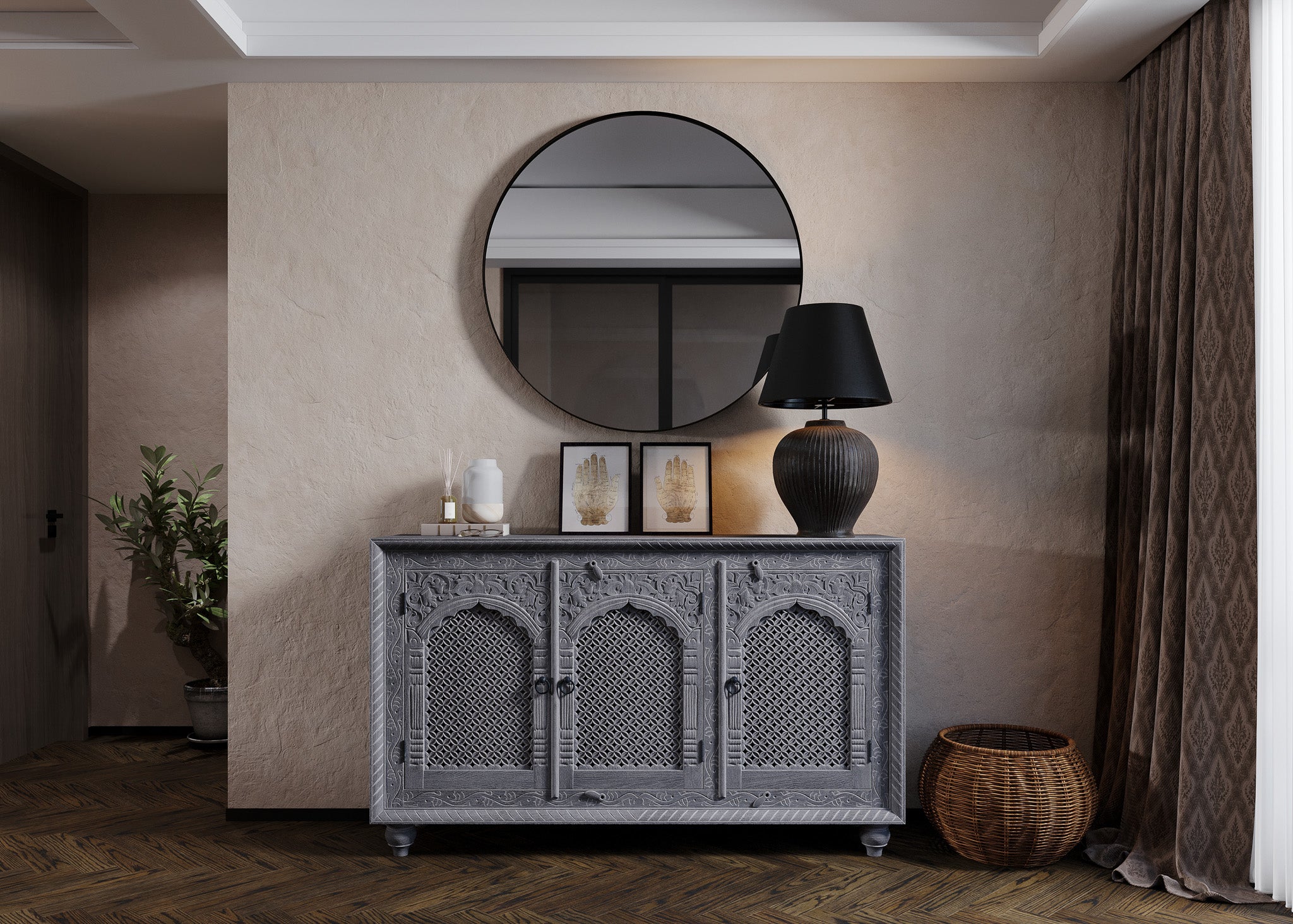 Patrin Nomad Wooden Sideboard in Distressed Grey Finish in Cabinets by Maven Lane