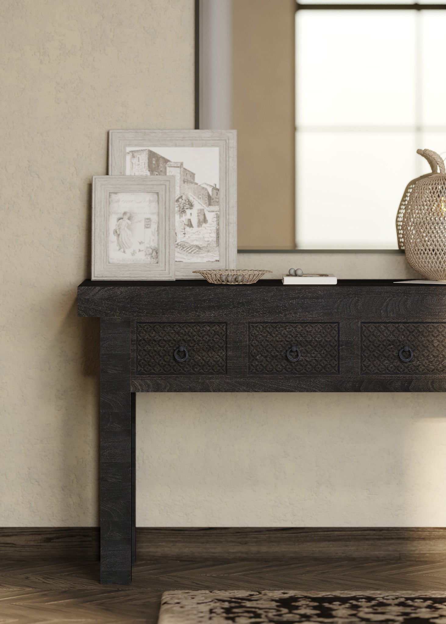 Veena Nomad Wooden Console Table in Distressed Black Finish in Dining Furniture by VMI