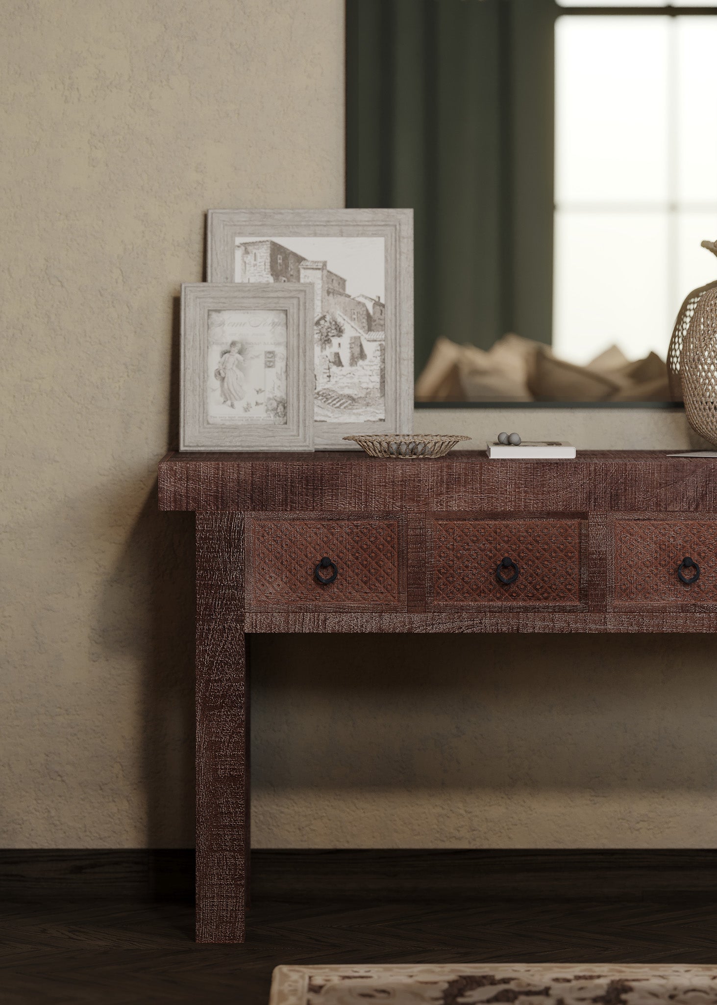 Veena Nomad Wooden Console Table in Distressed Brown Finish in Dining Furniture by VMI