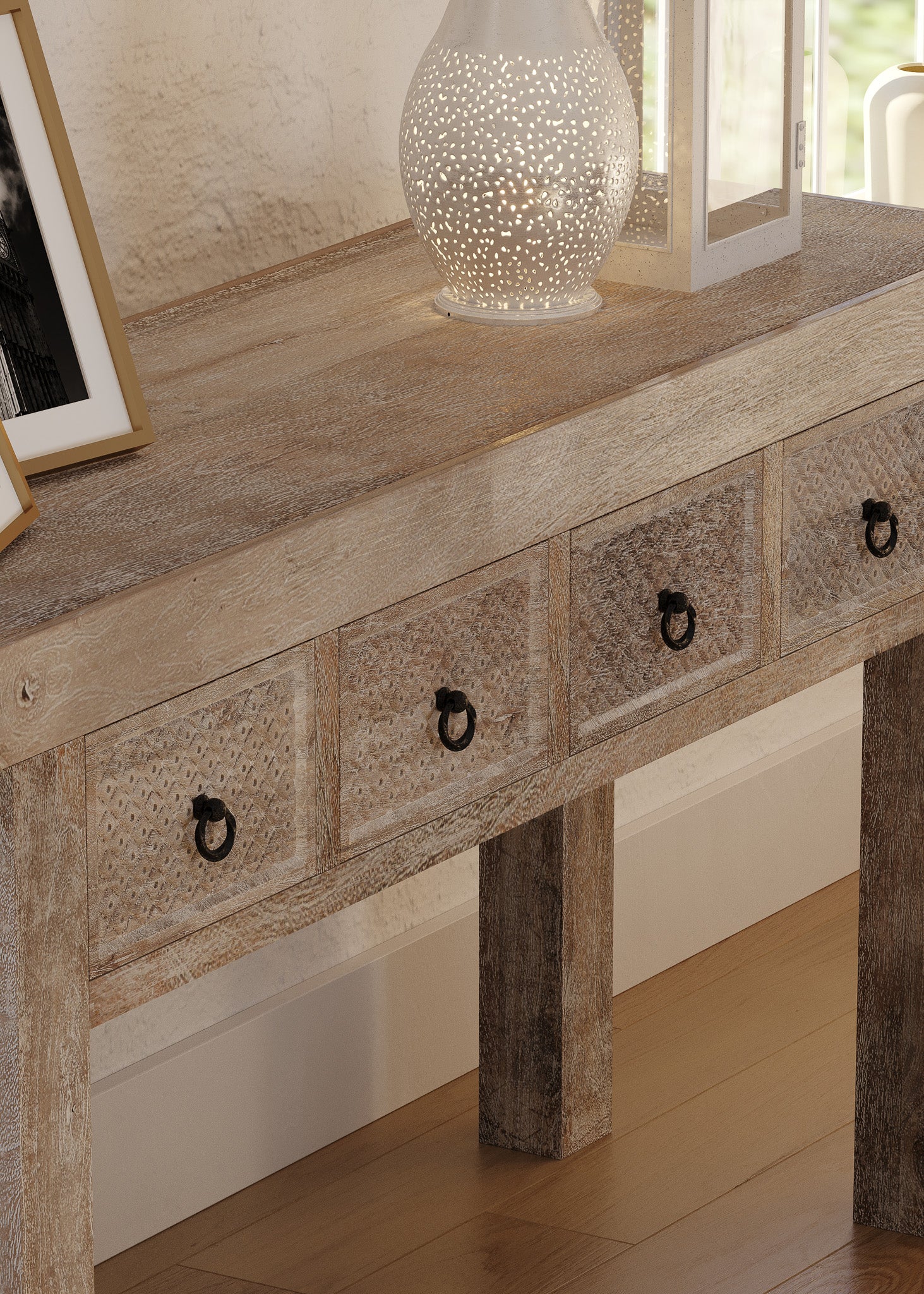 Veena Nomad Wooden Console Table in Distressed Natural Finish in Dining Furniture by VMI