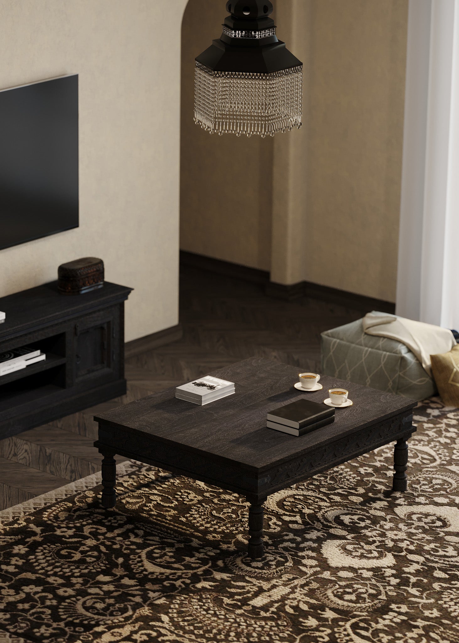 Emin Nomad Wooden Rectangular Coffee Table in Distressed Black Finish in Accent Tables by Maven Lane