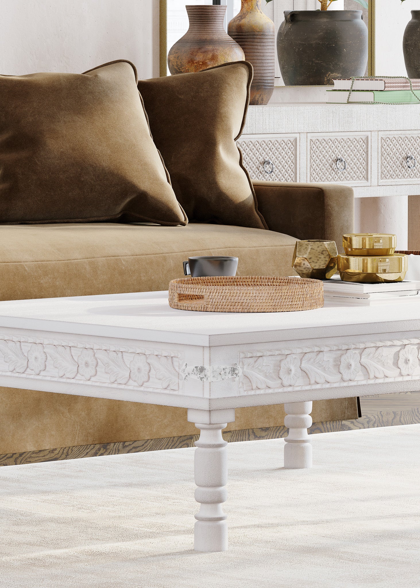 Emin Nomad Wooden Rectangular Coffee Table in White Distressed Finish in Accent Tables by Maven Lane