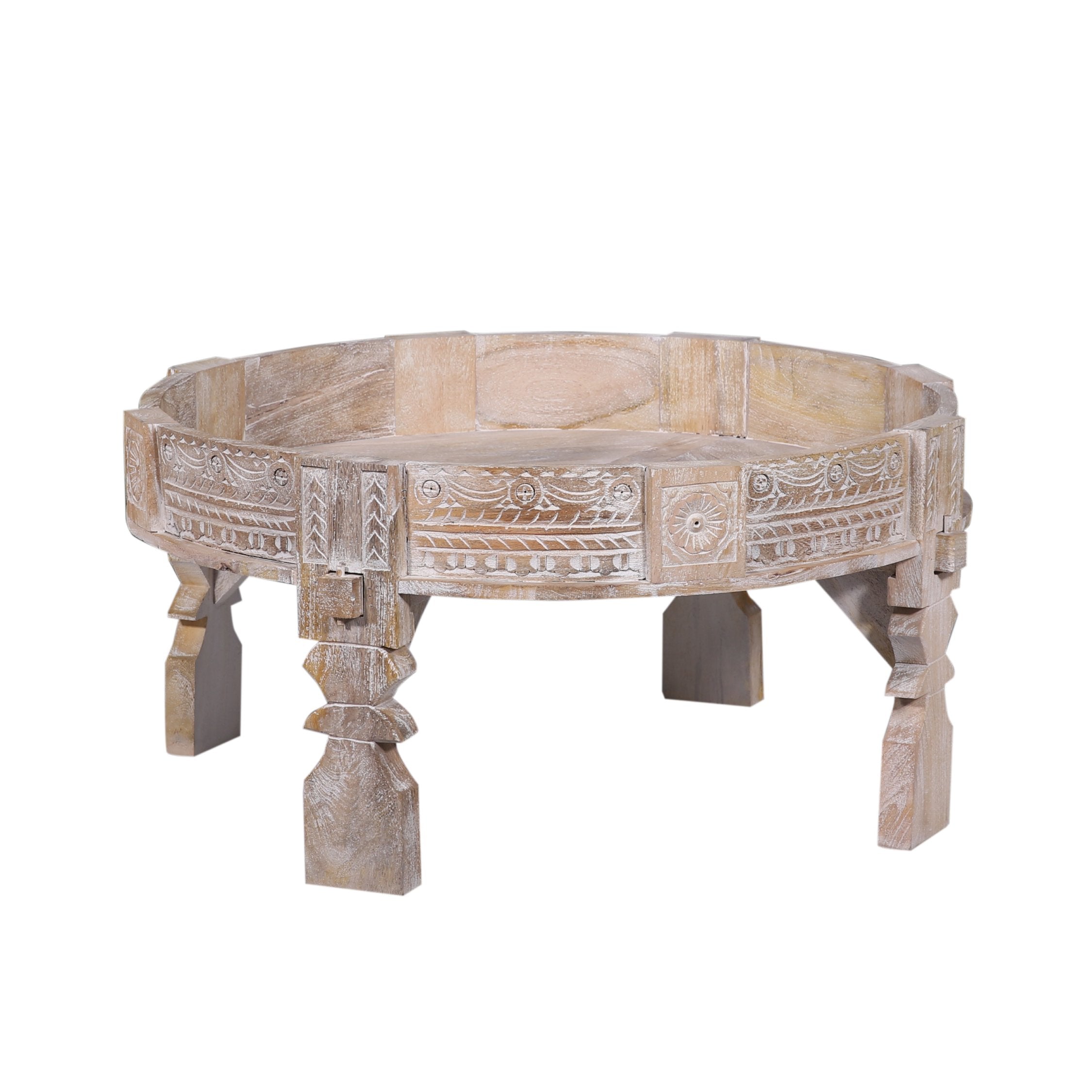 Jaya Nomad Wooden Round Coffee Table in Distressed Natural Finish in Accent Tables by Maven Lane