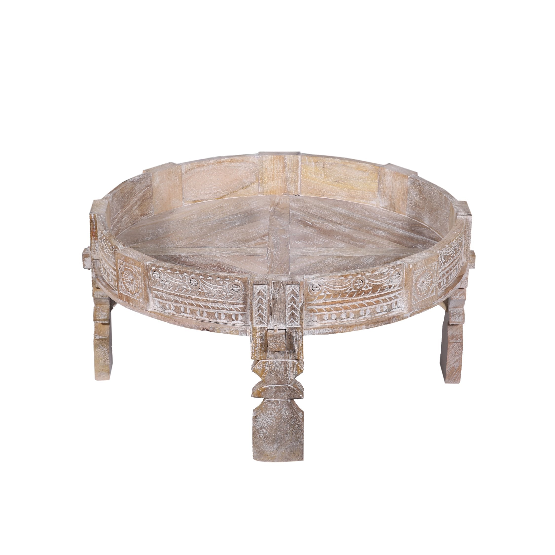 Jaya Nomad Wooden Round Coffee Table in Distressed Natural Finish in Accent Tables by Maven Lane