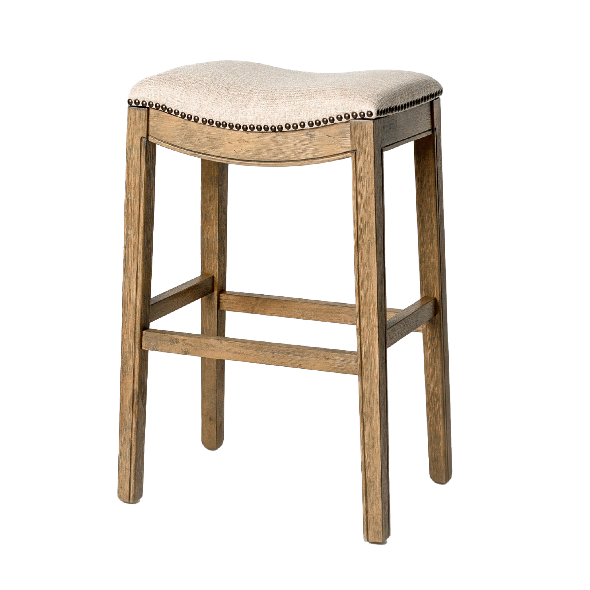 Adrien Saddle Bar Stool In Natural Wood Finish With Wheat Fabric Upholstery