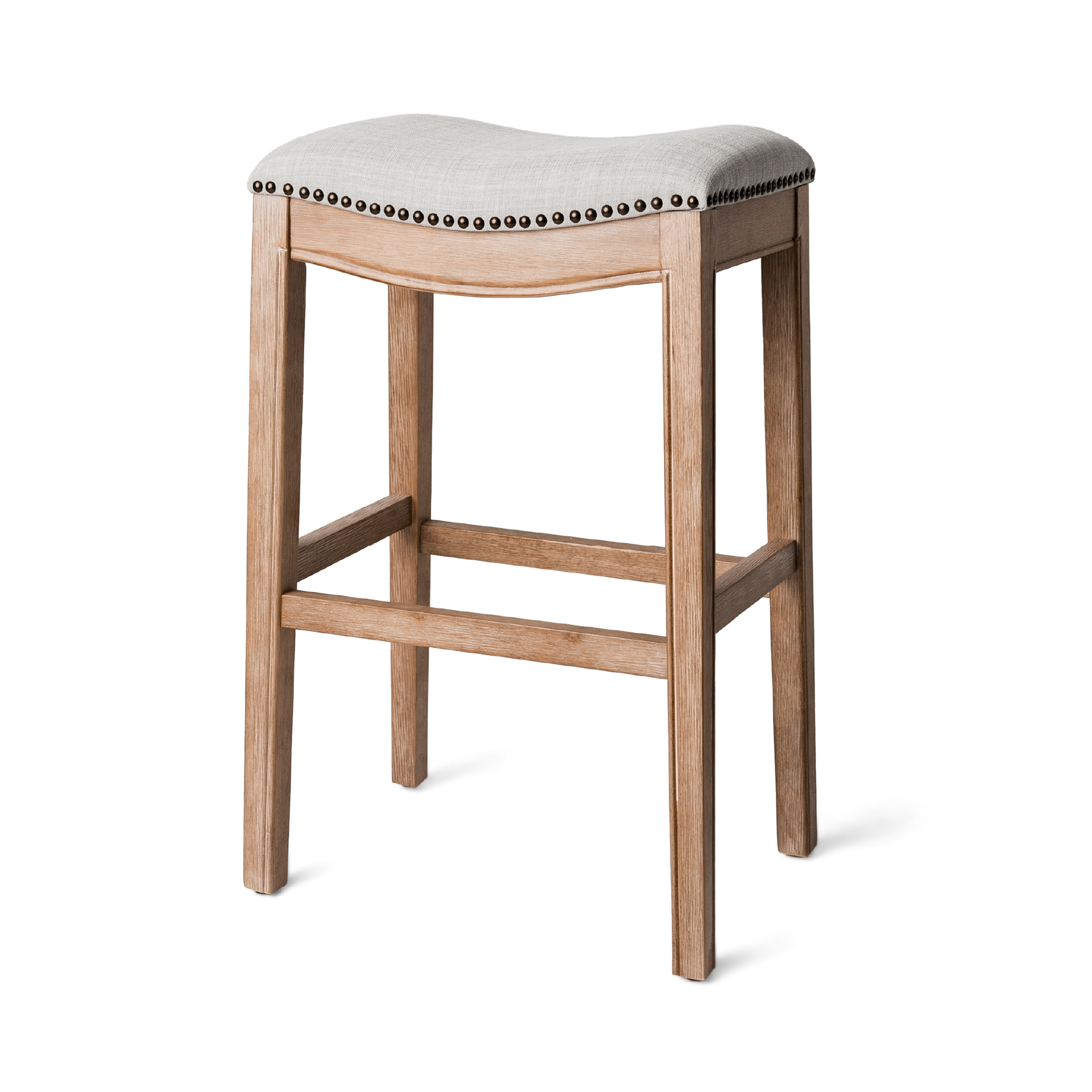 Adrien Saddle Bar Stool In Weathered Oak Finish With Sand Color Fabric Upholstery