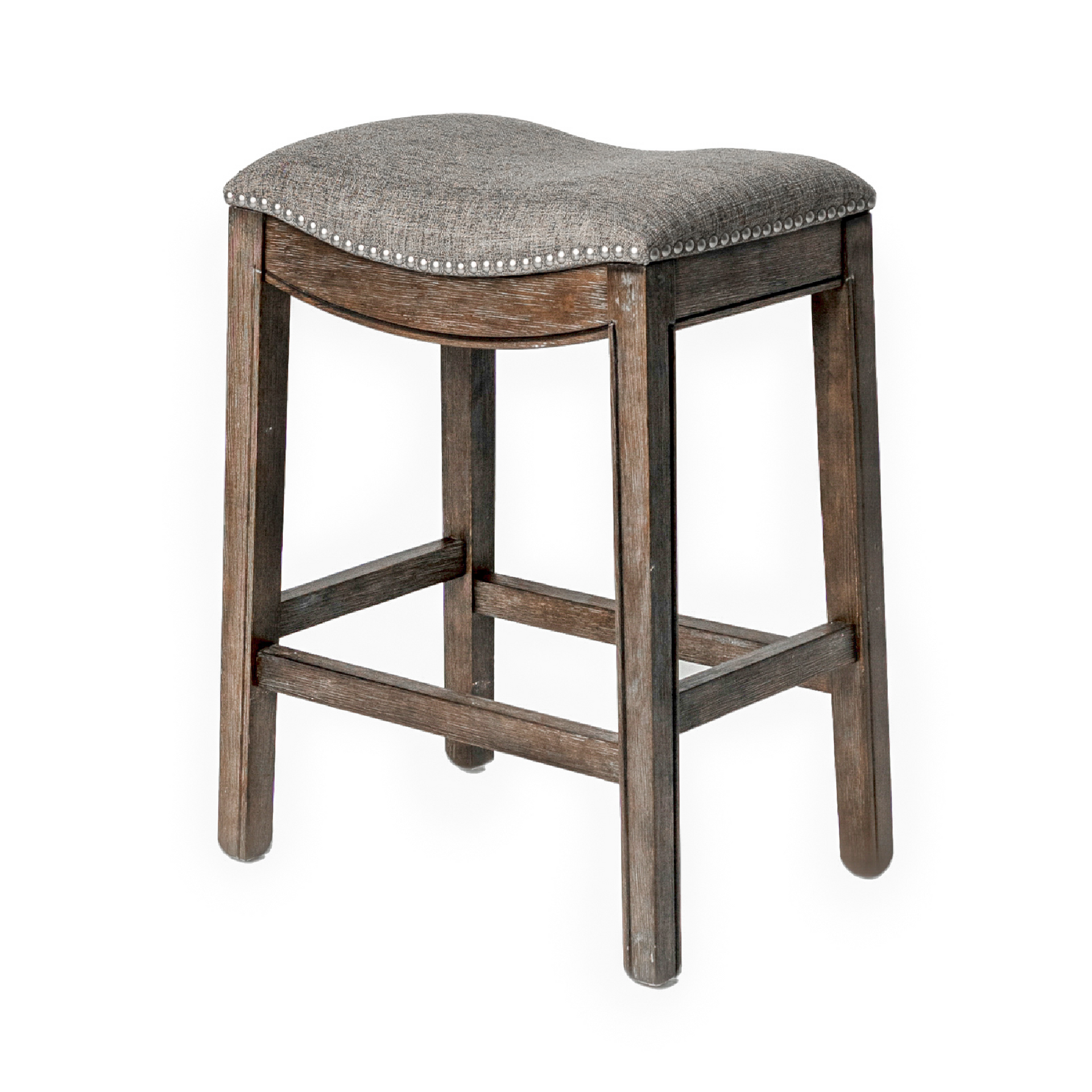 Adrien Saddle Counter Stool in Walnut Finish with Grey Fabric Upholstery